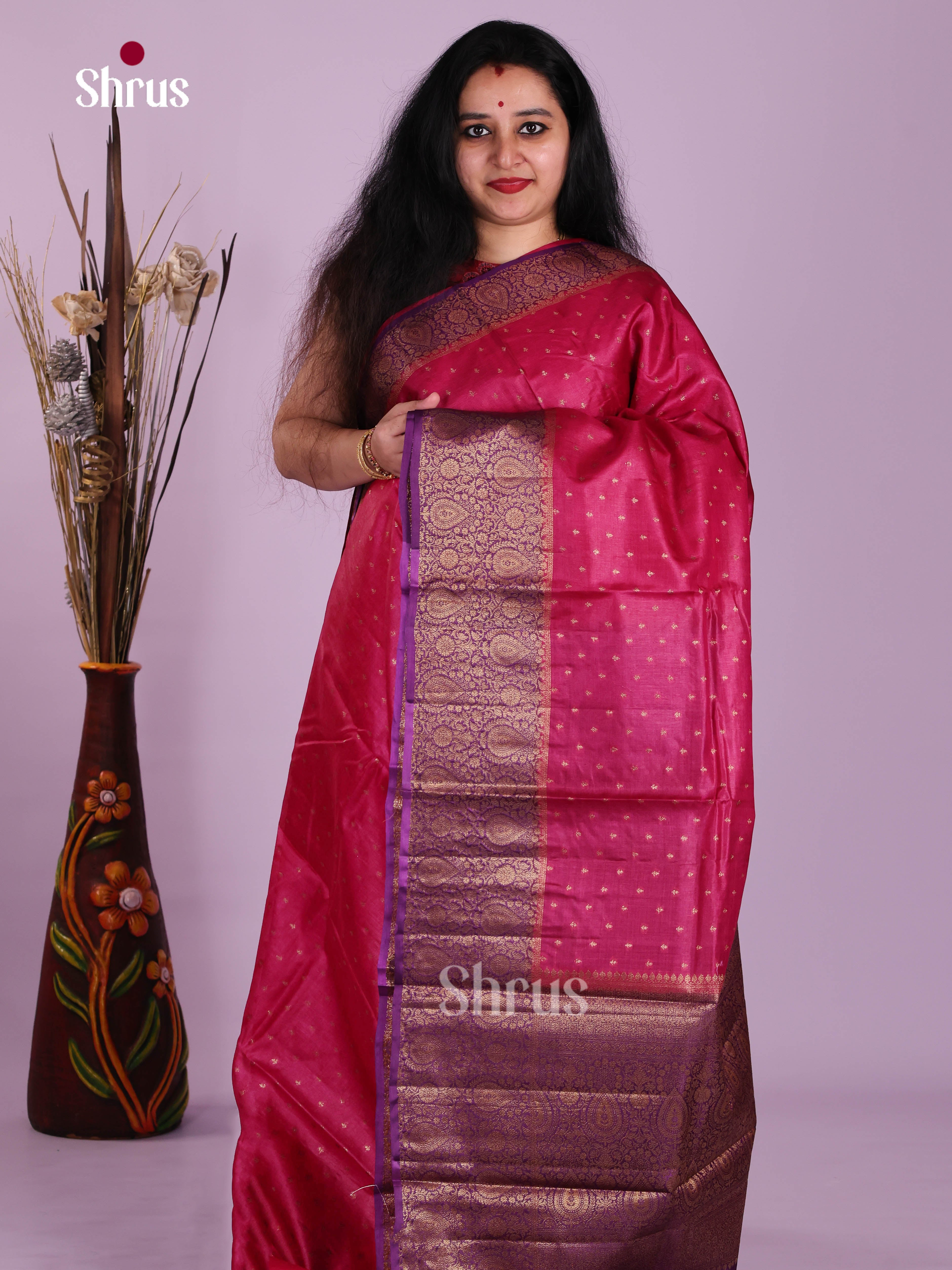 Gorgeous Pink Handloom Tussar Saree With Small Buttas & Purple Zari Pallu - Shop on Shrus.com