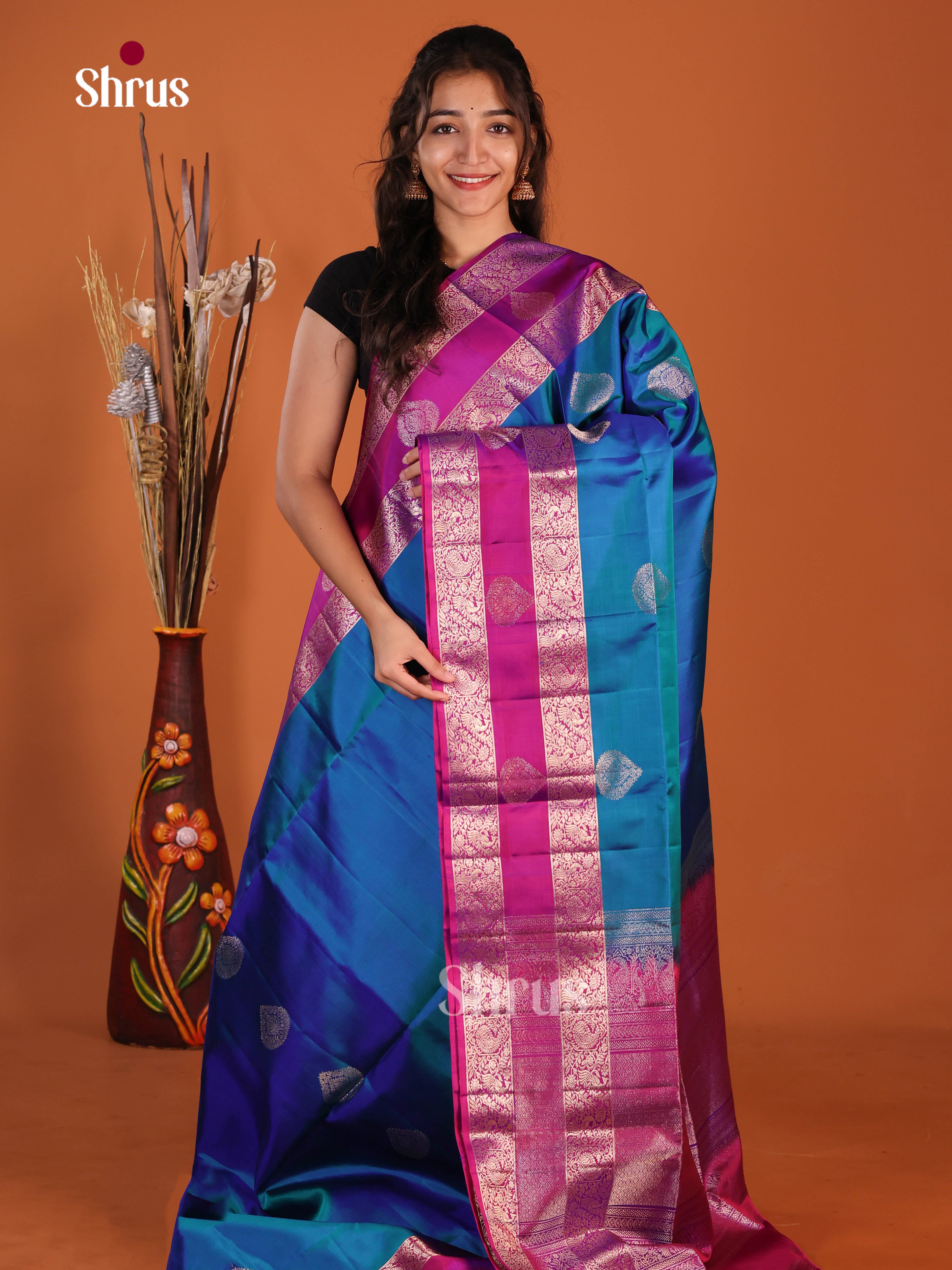 Beautiful Blue & Purple Soft Silk Saree with floral motifs , rettaipet zari border