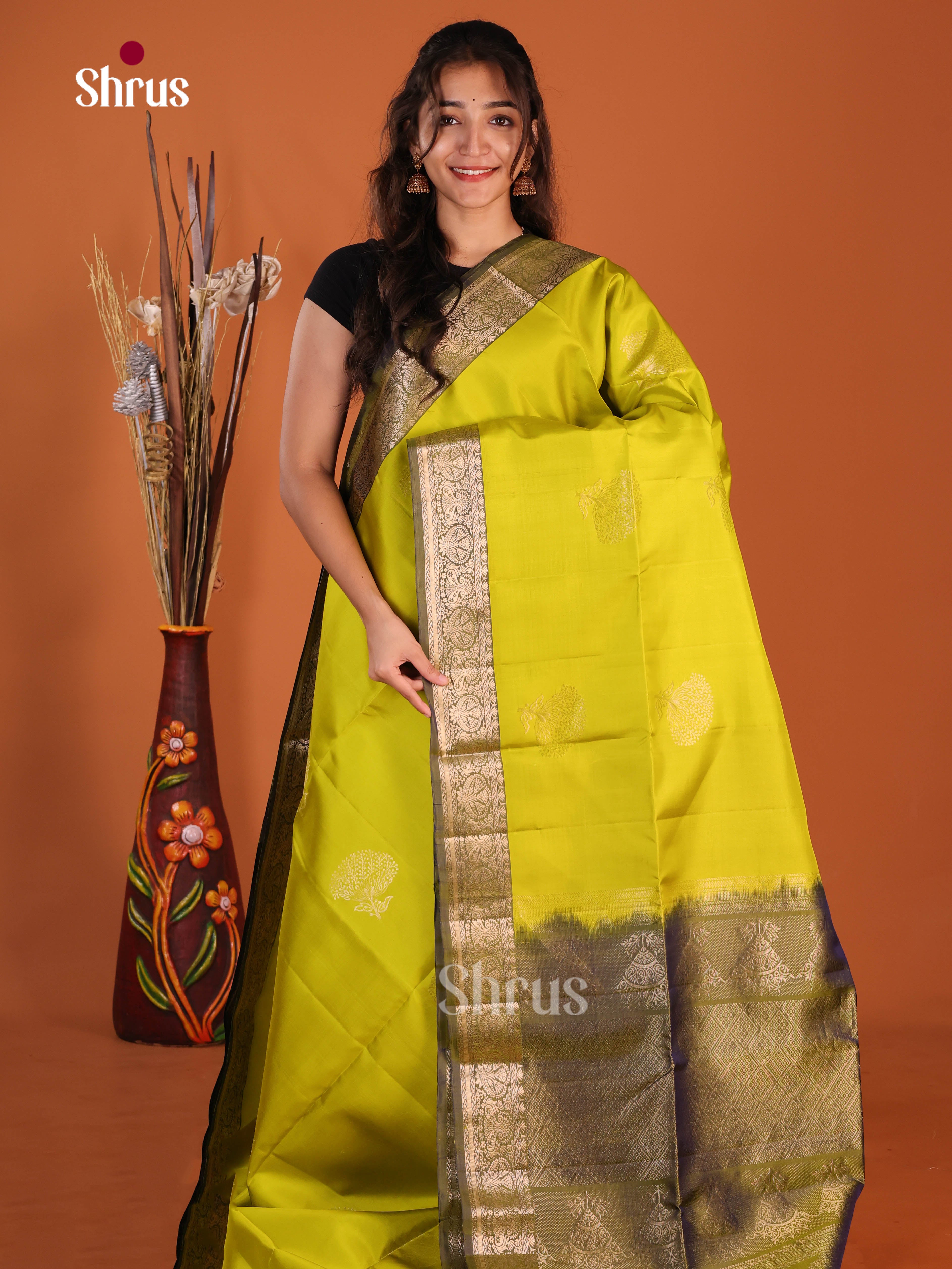 Serene Lime Green & Green Soft Silk Saree with zari floral motifs , zari brocade pallu