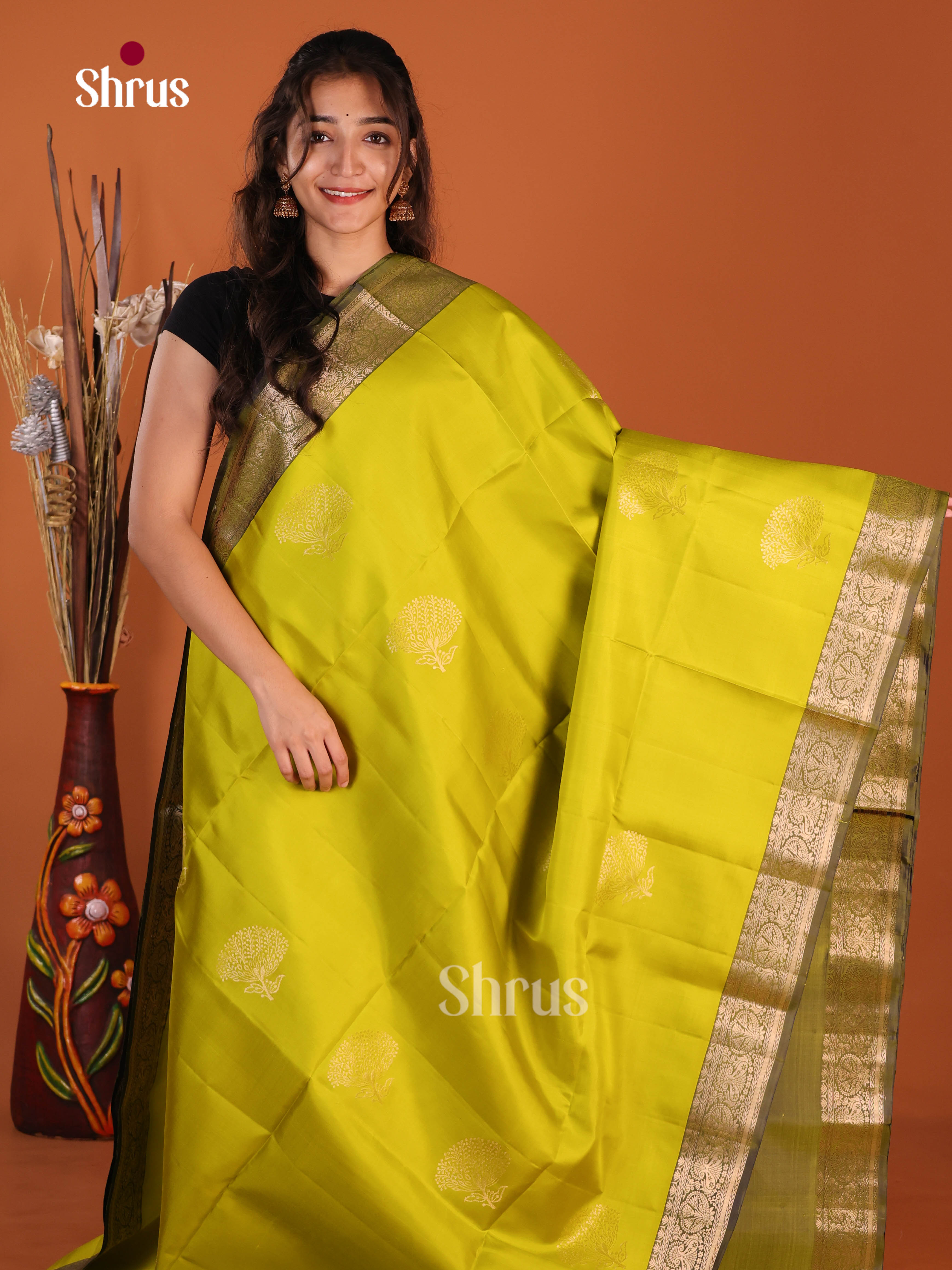 Serene Lime Green & Green Soft Silk Saree with zari floral motifs , zari brocade pallu