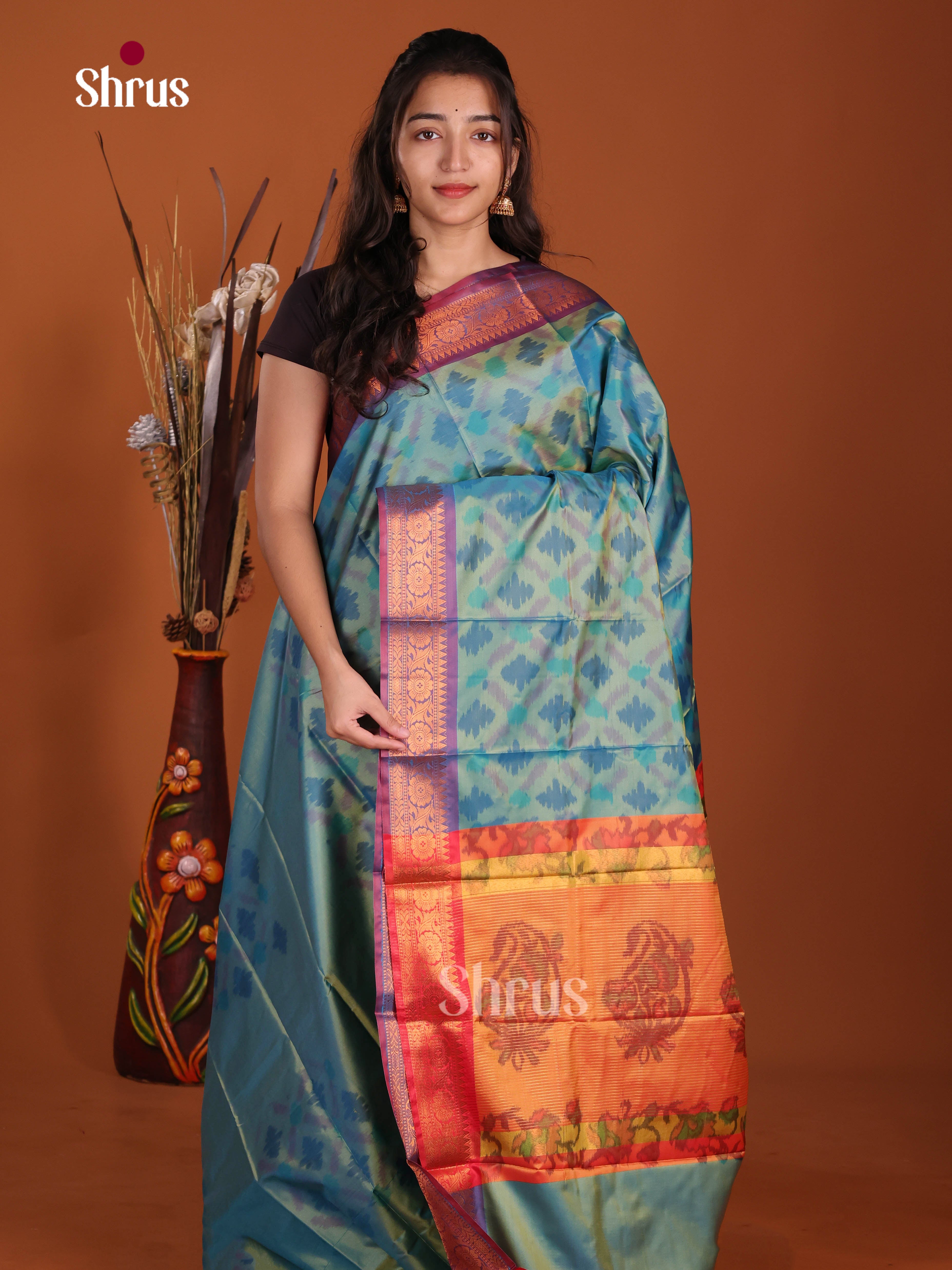 Blue & Orange - Semi Pochampally Saree
