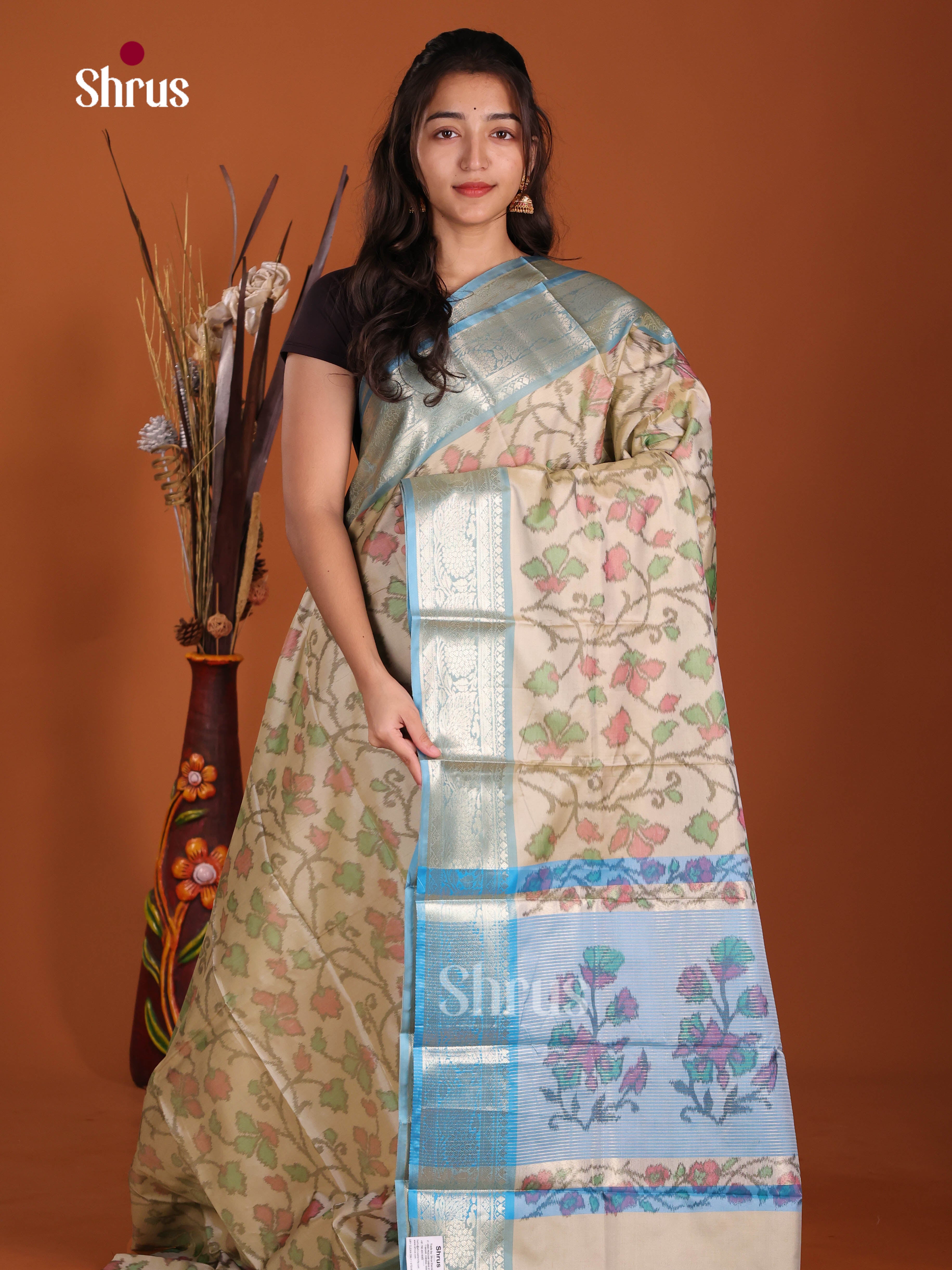 Cream & Blue - Semi Pochampally Saree
