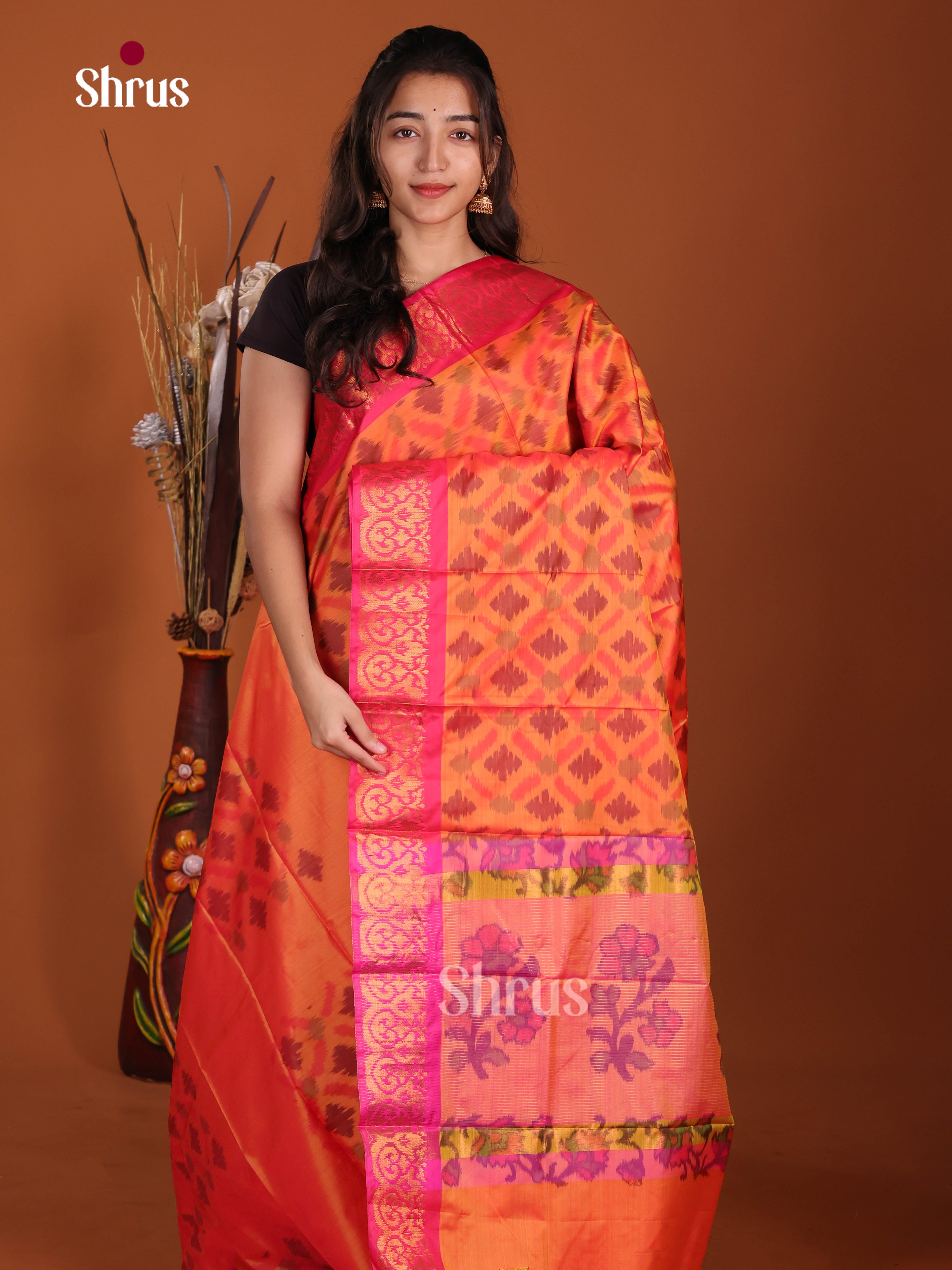 Orange & Pink - Semi Pochampally Saree