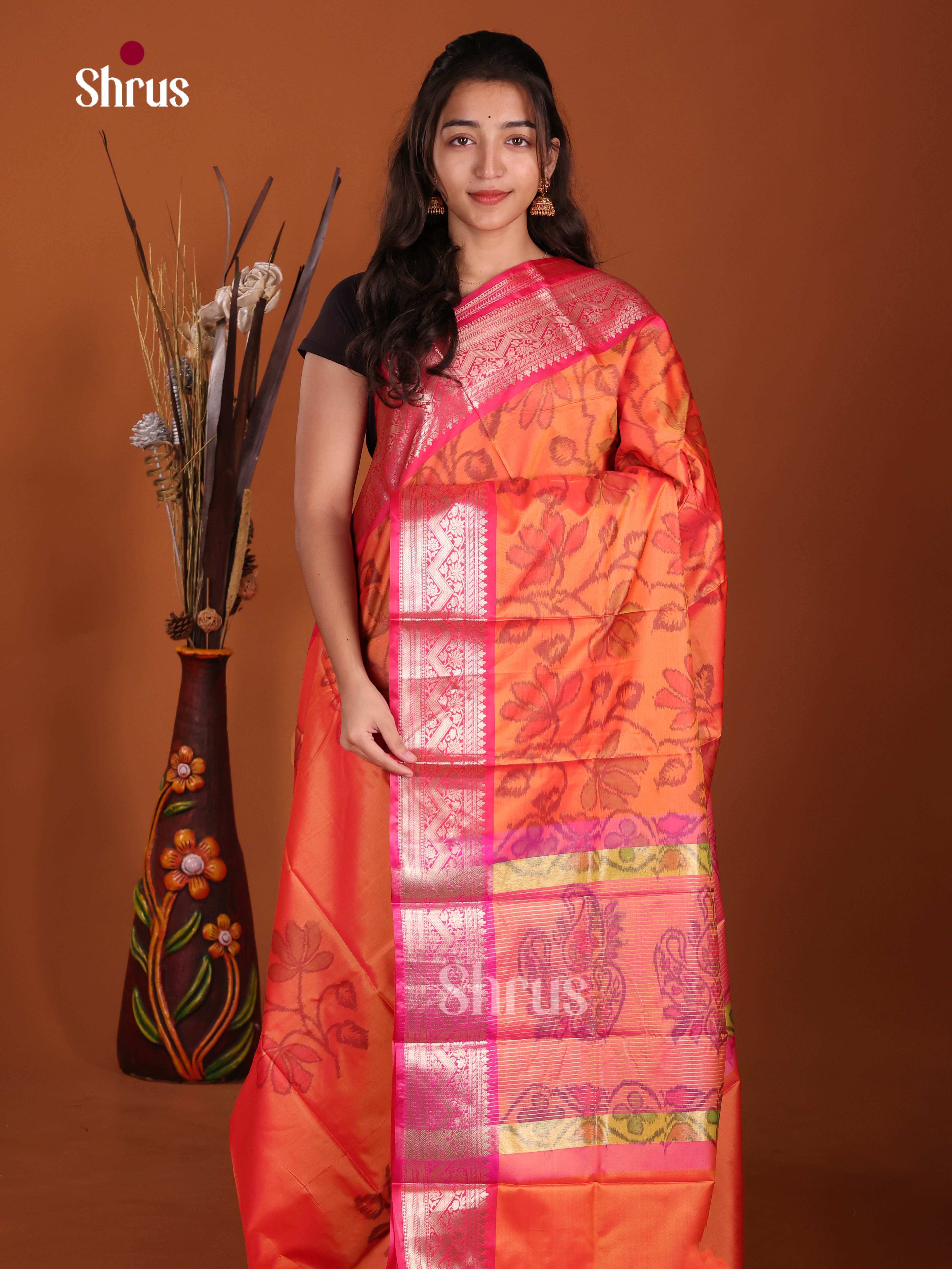 Orange & Pink - Semi Pochampally Saree