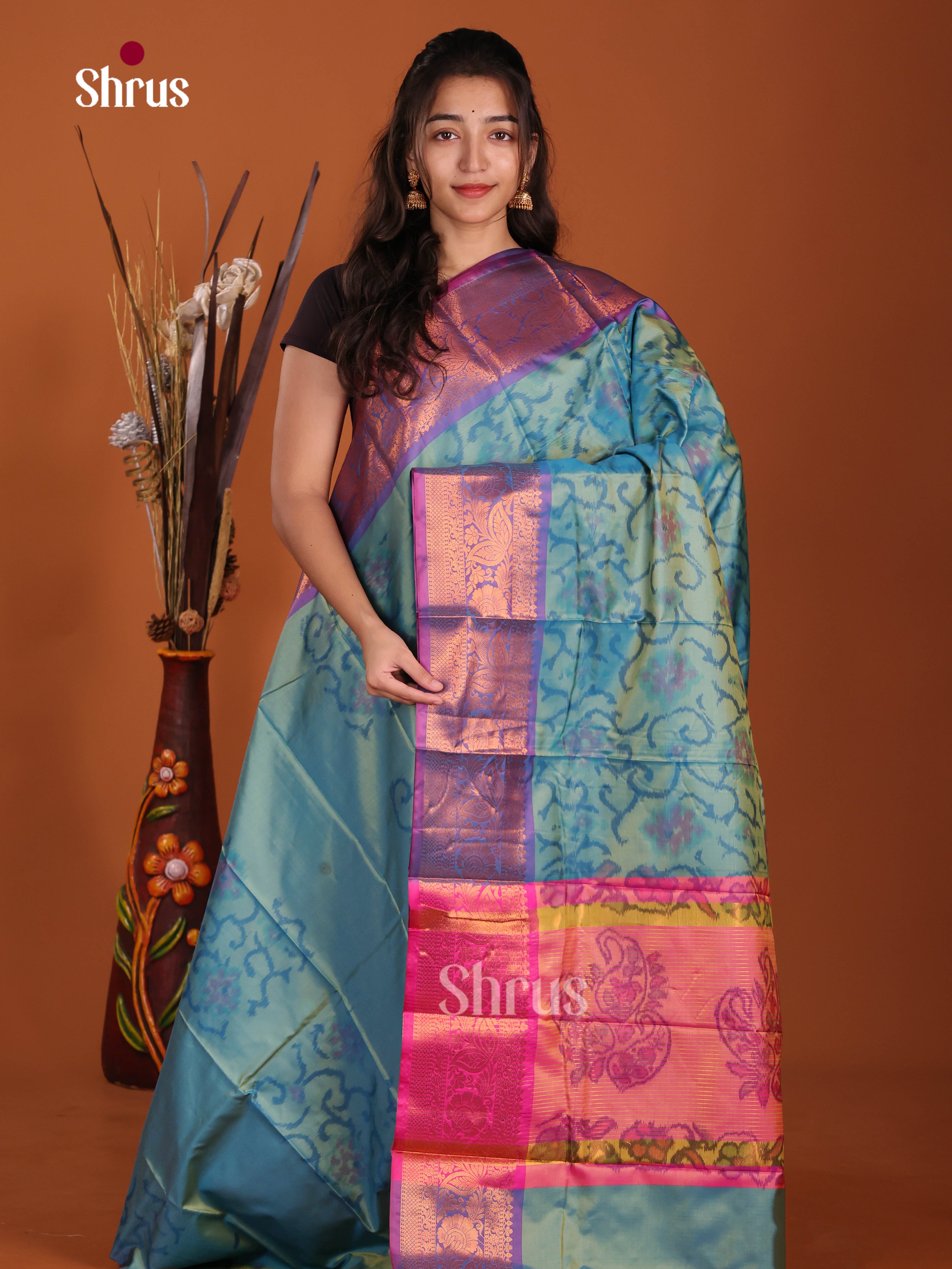 Blue & Pink - Semi Pochampally Saree