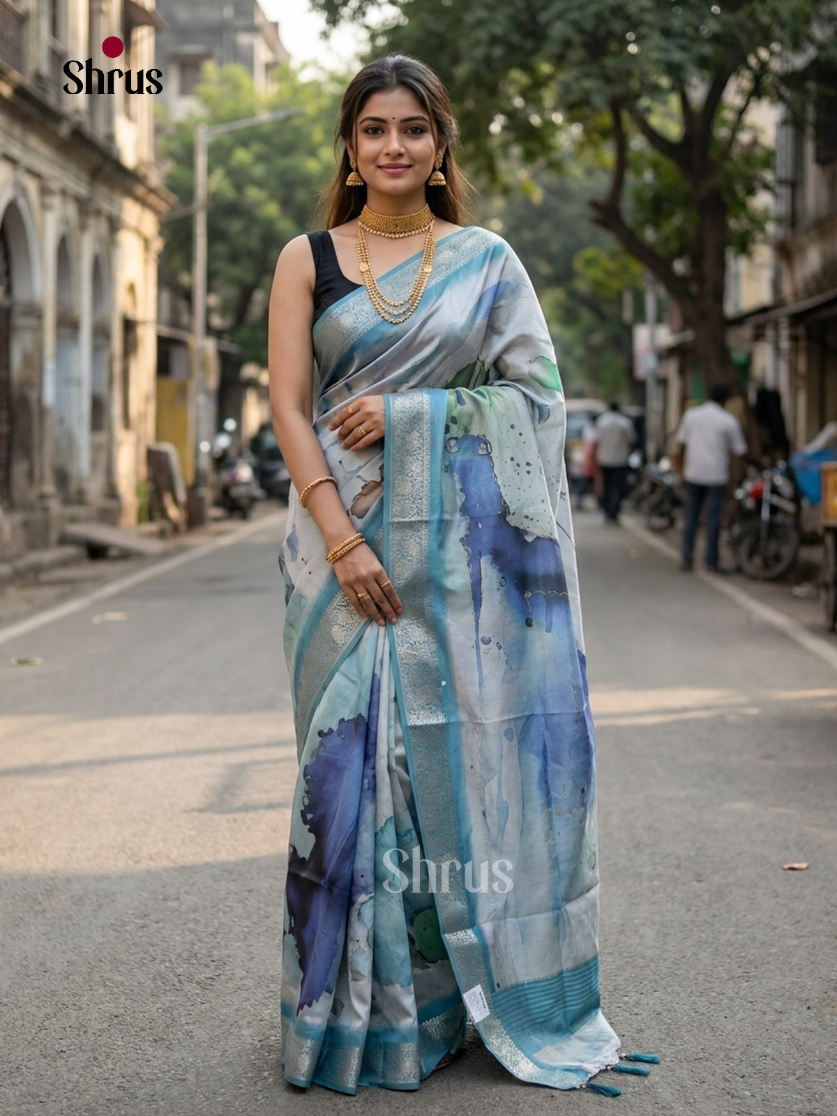 Cream & Green - Printed Semi Tussar Saree