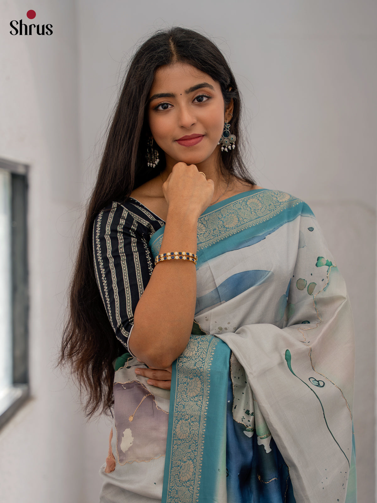 Cream & Green - Printed Semi Tussar Saree