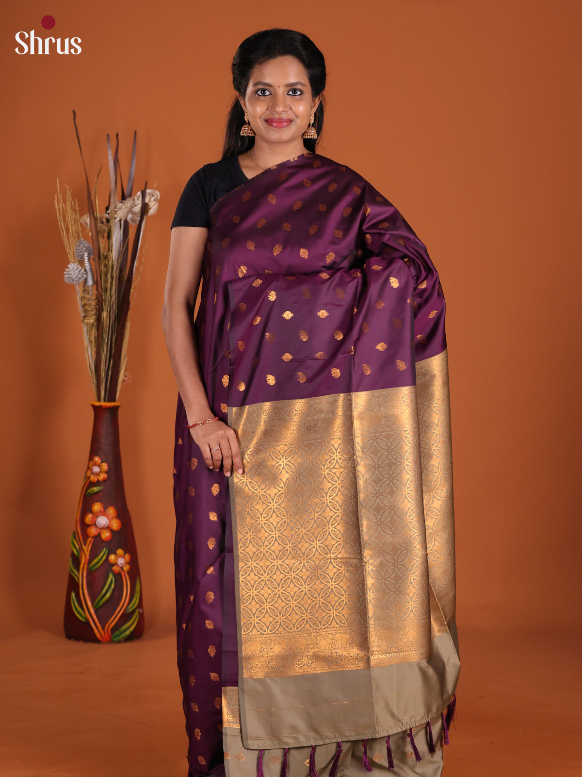 Purple & Grey- Semi Softsilk Saree