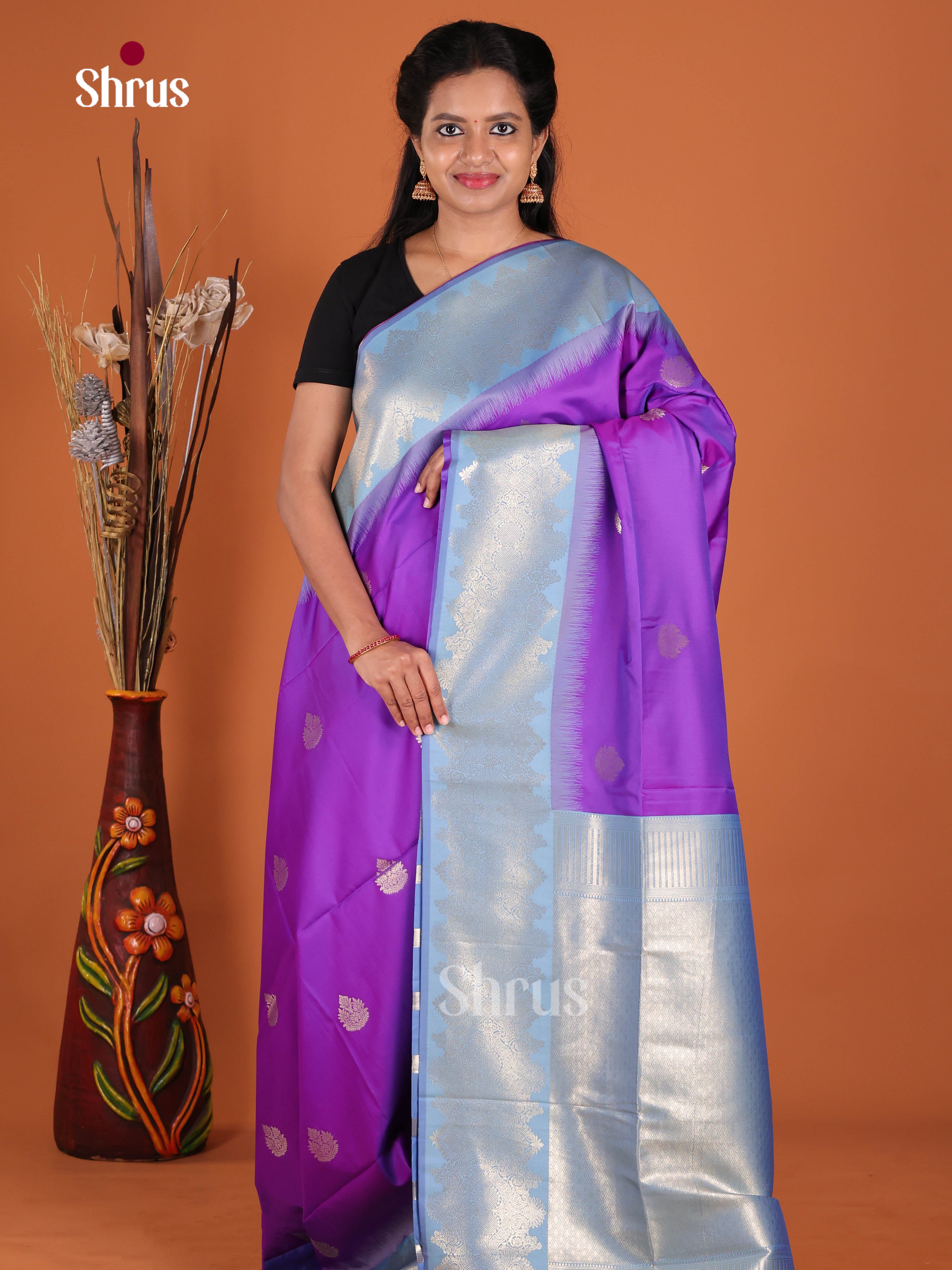 Purple & Blue - Semi Softsilk Saree