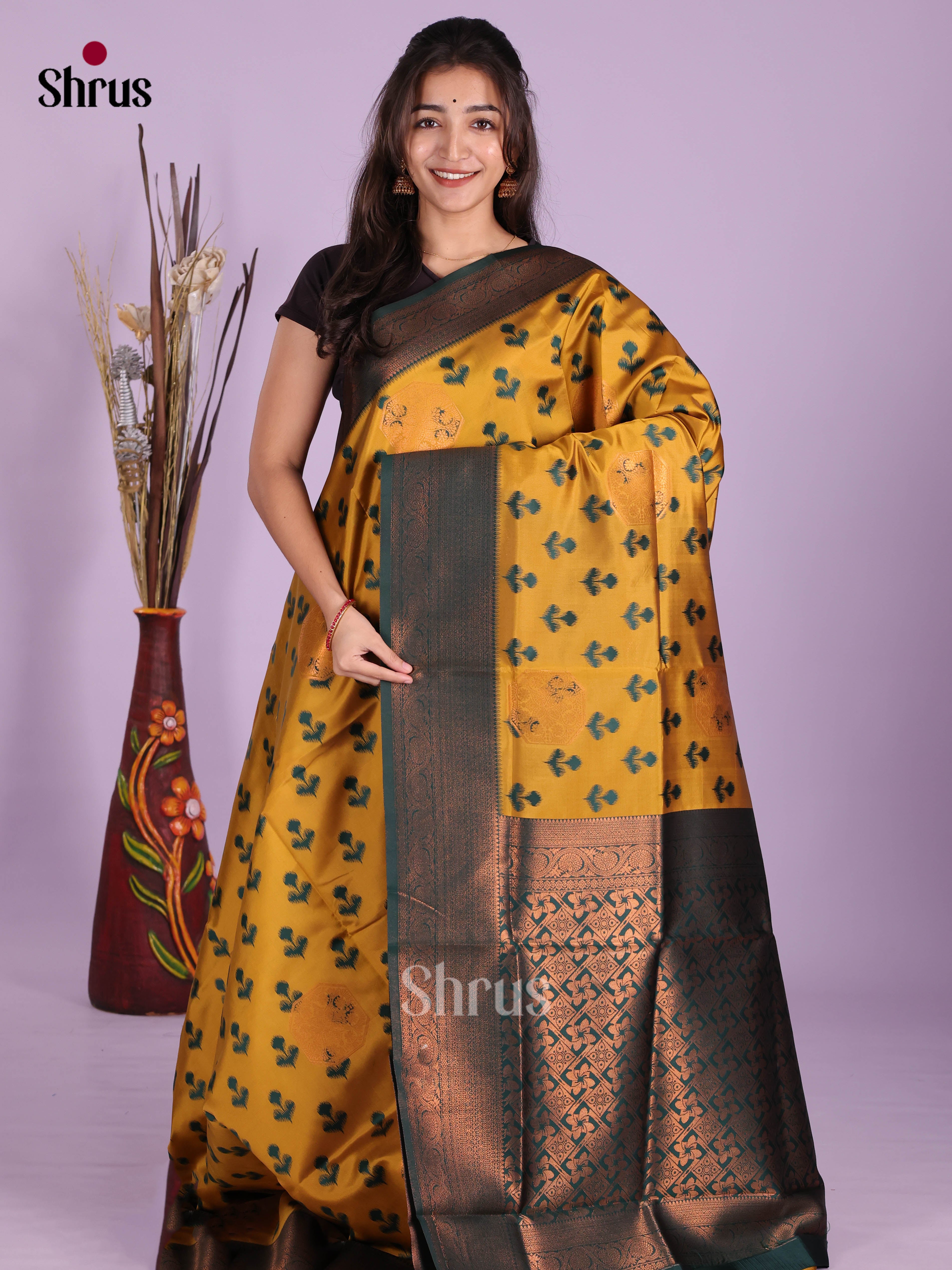 Mustardy Green & Green - Semi Softsilk Saree