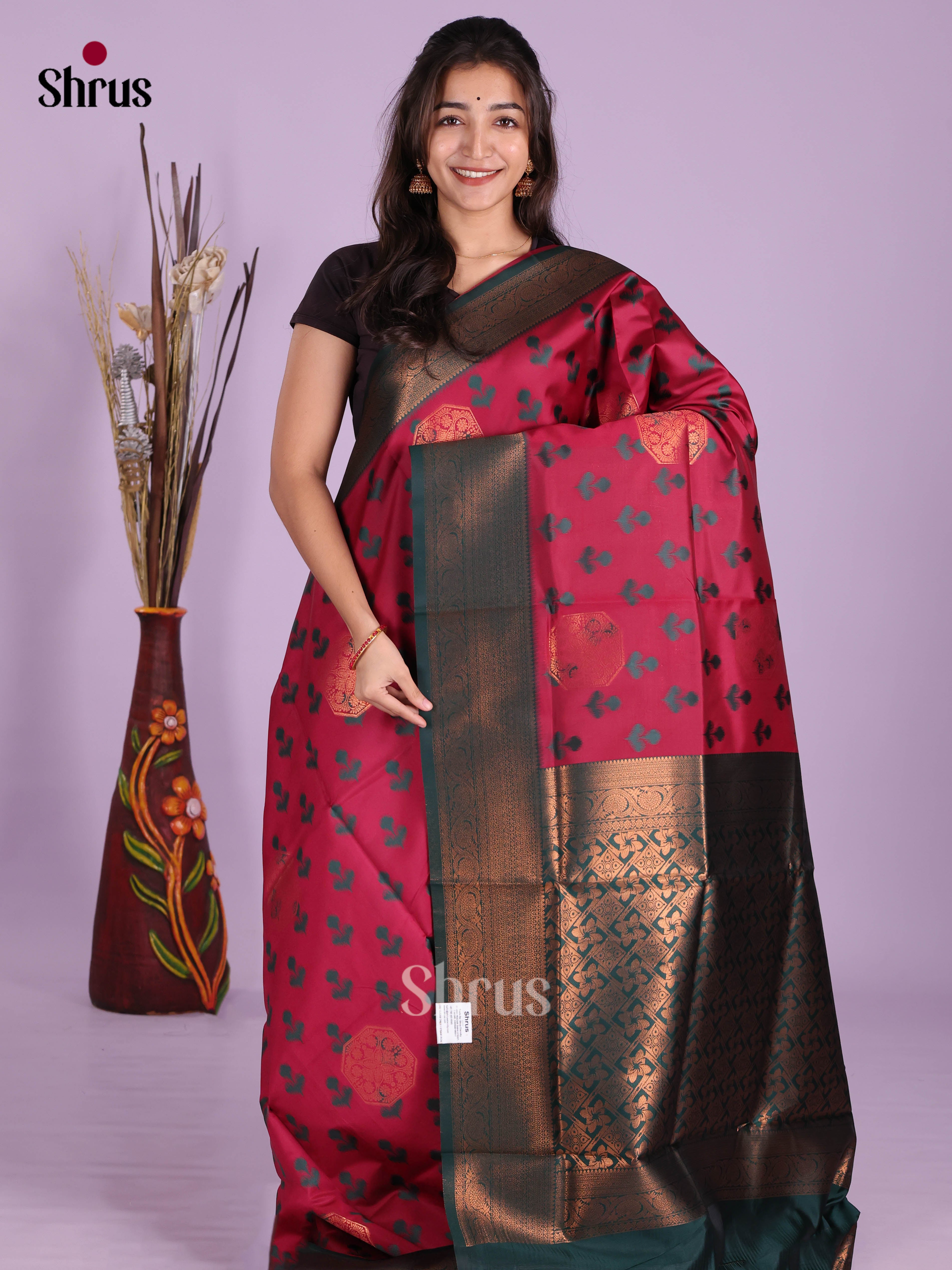 Maroon & Green - Semi Softsilk Saree