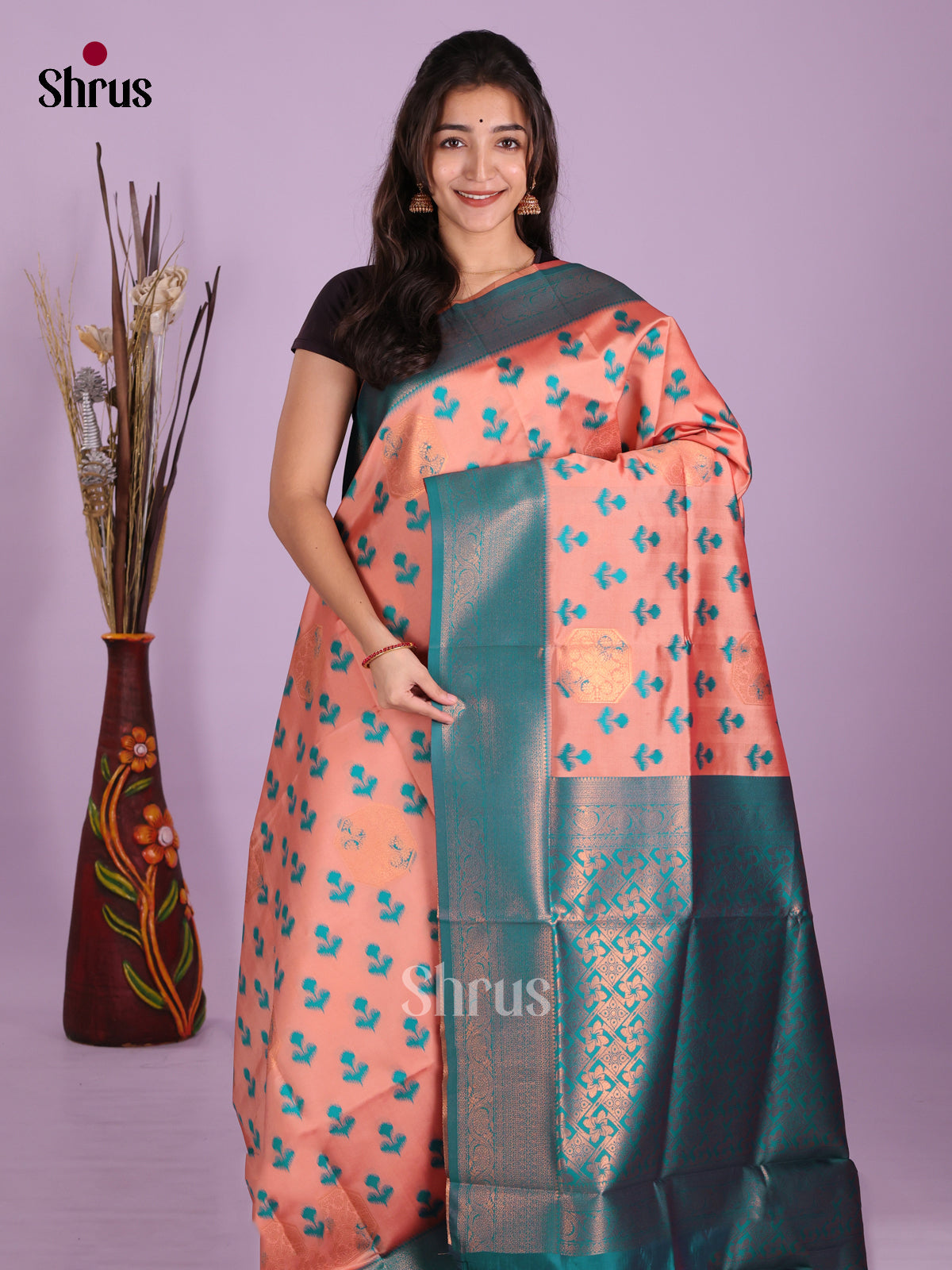 Peach & Blue - Semi Softsilk Saree