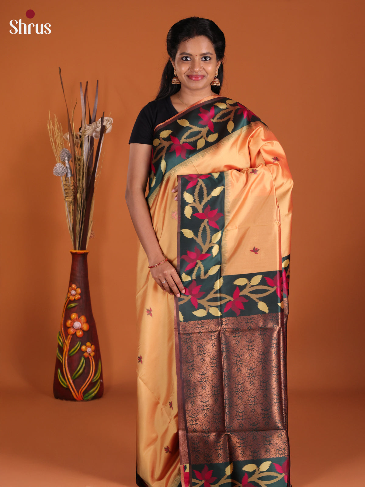 Peach & Green - Semi Softsilk Saree