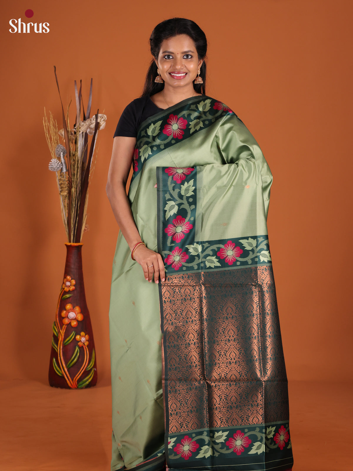 Pastel Green & Green- Semi Softsilk Saree