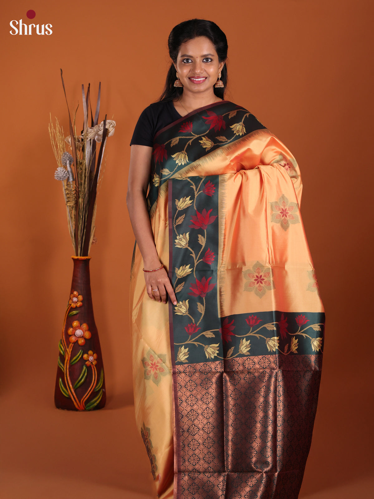 Peach & Green - Semi Softsilk Saree