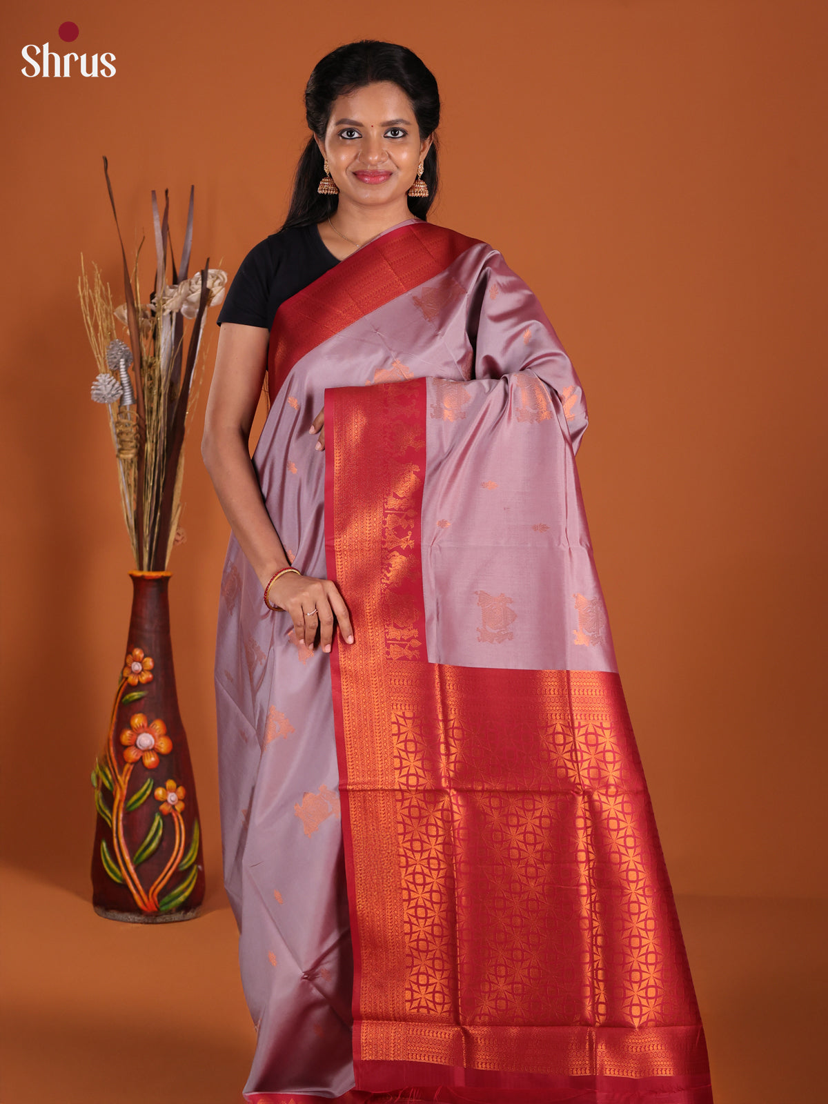 Mauve & Red- Semi Softsilk Saree