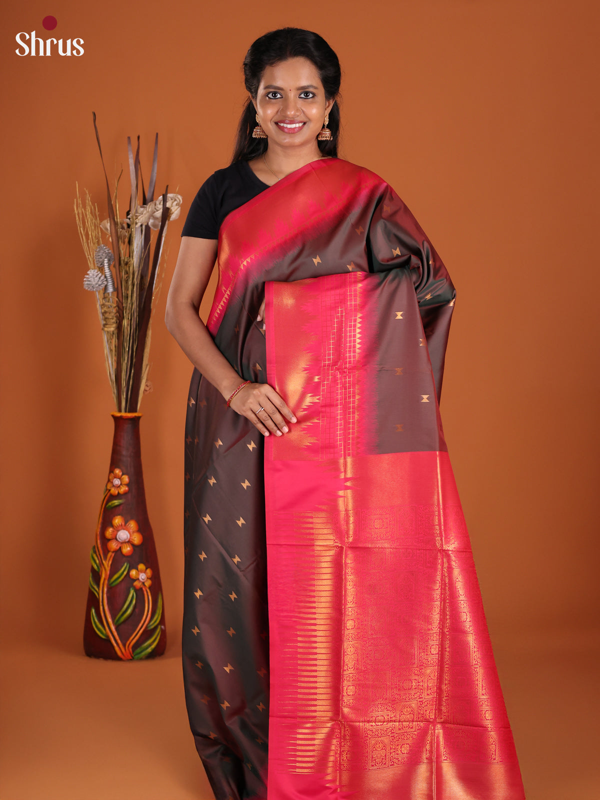 Brown & Pink - Semi Softsilk Saree