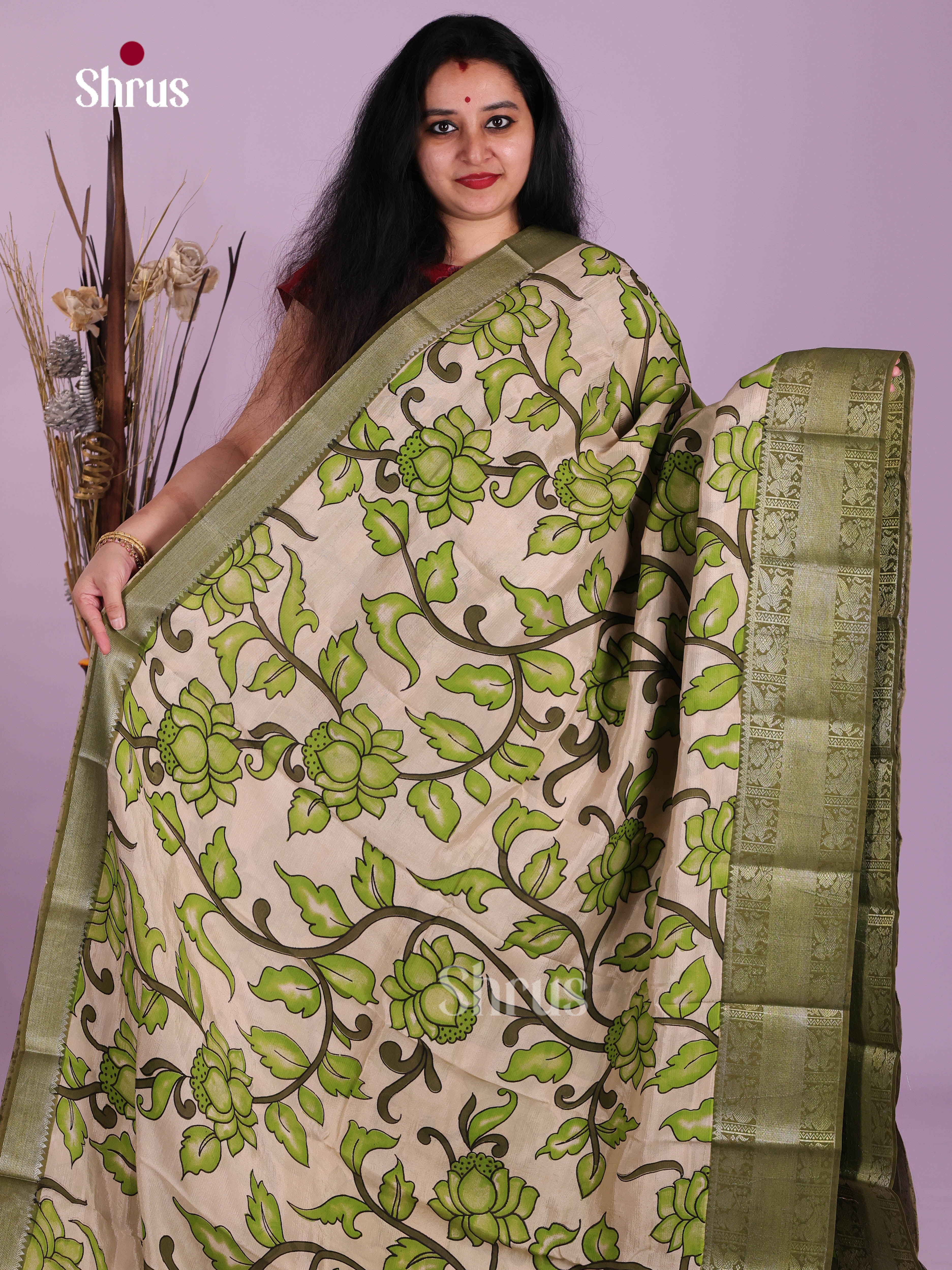 Cream & Green - Mangalagiri silkcotton Saree