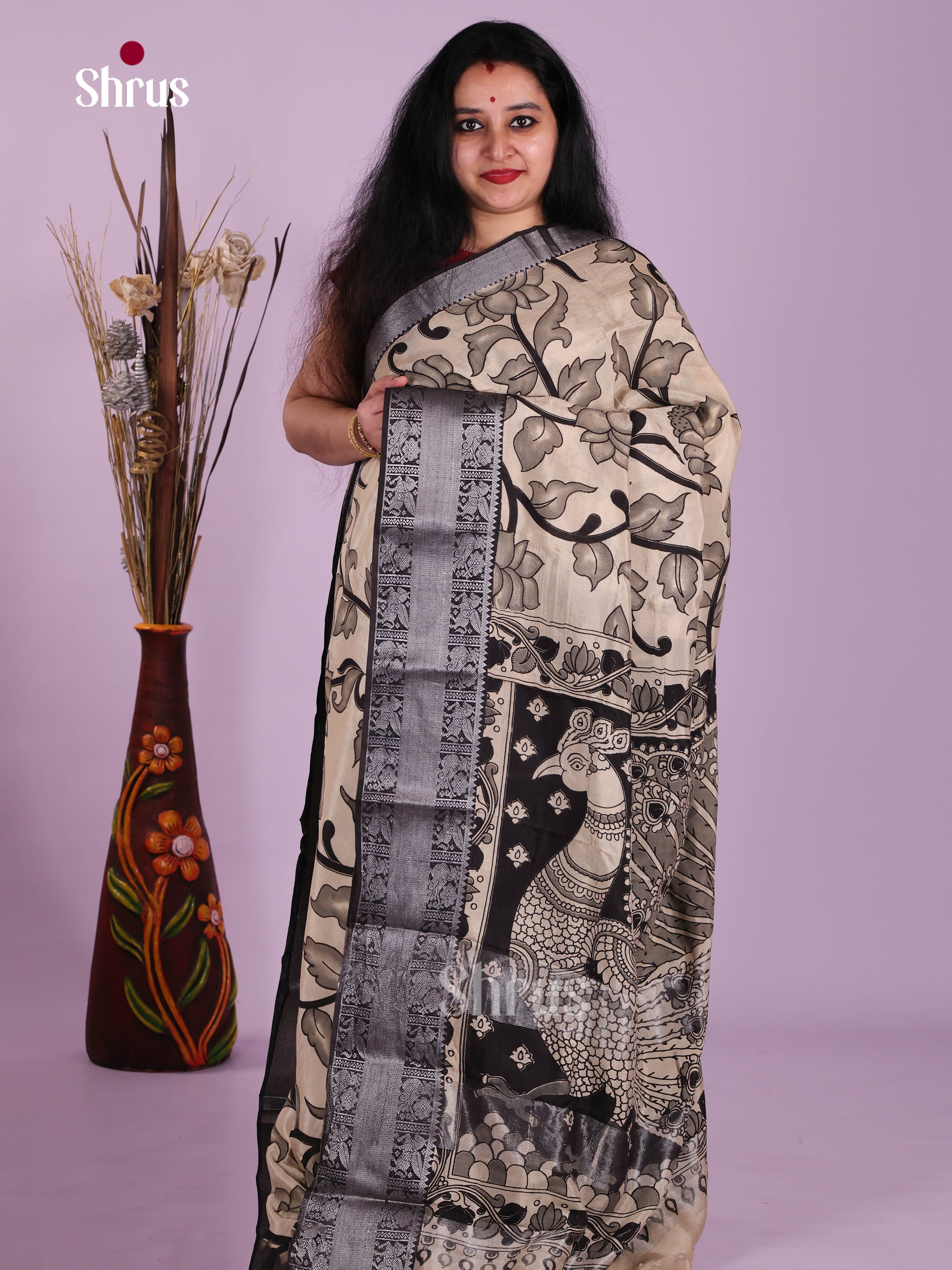 Cream & Black - Mangalagiri silkcotton Saree