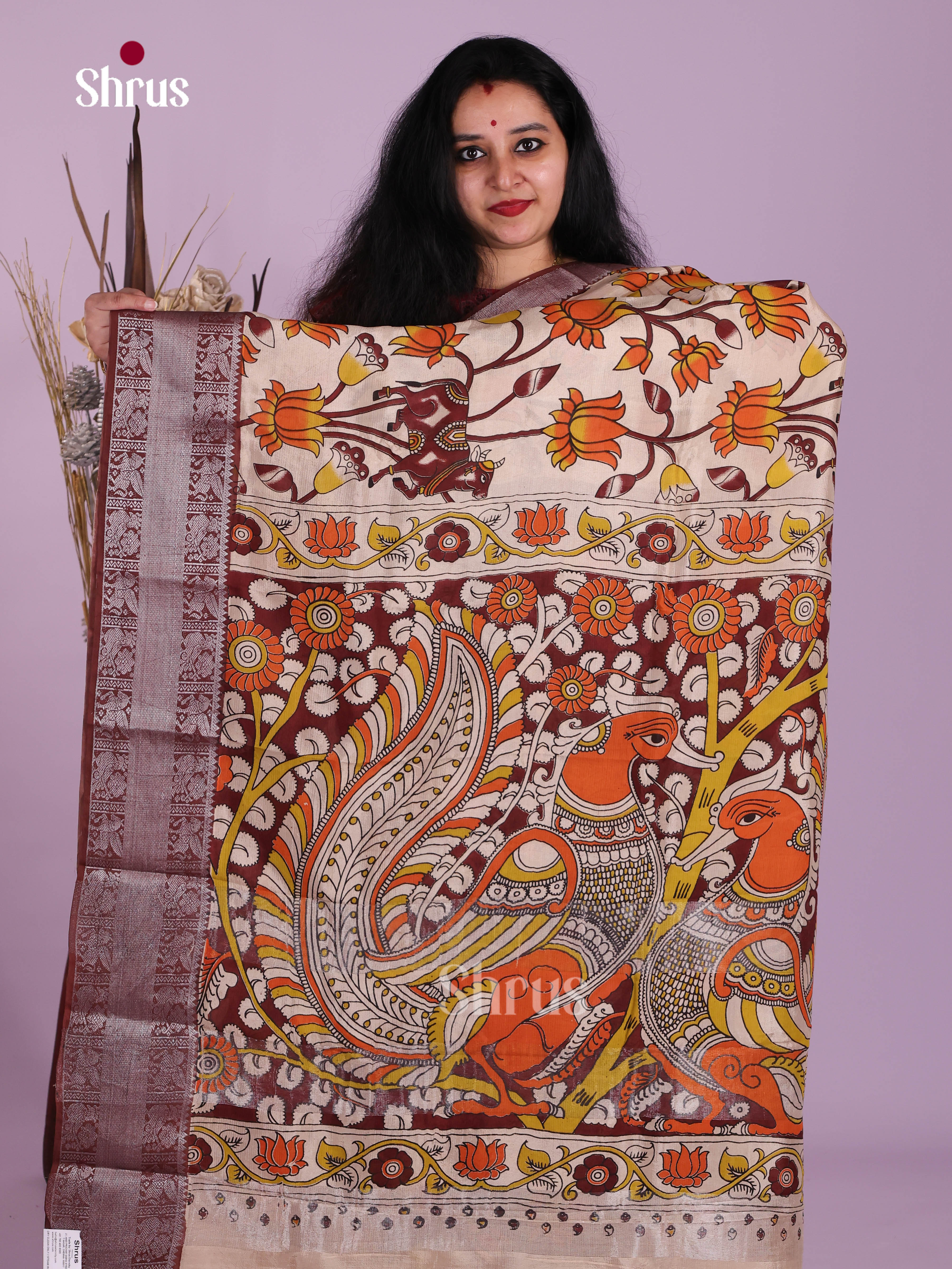 Cream & Maroon - Mangalagiri silkcotton Saree