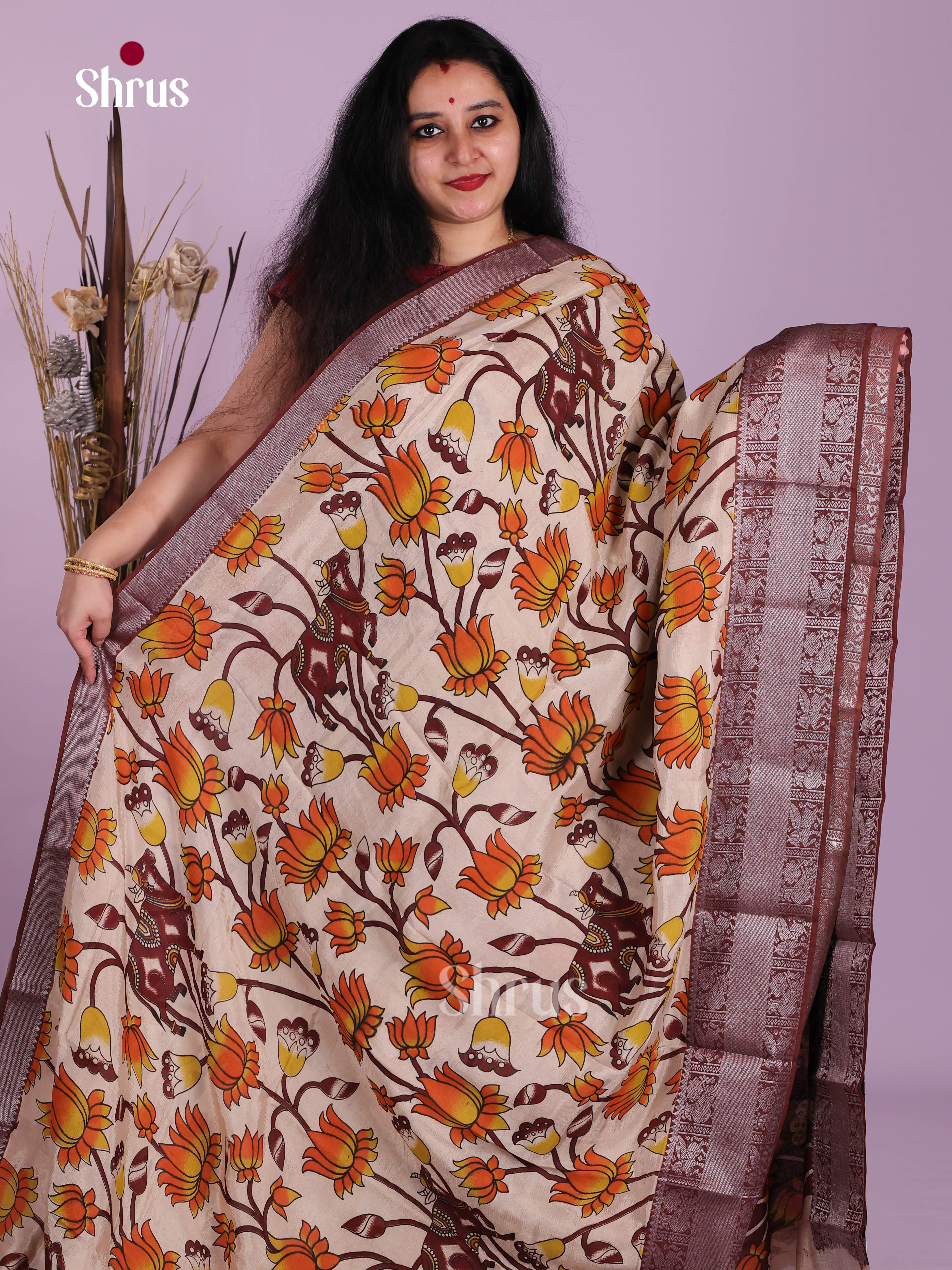 Cream & Maroon - Mangalagiri silkcotton Saree