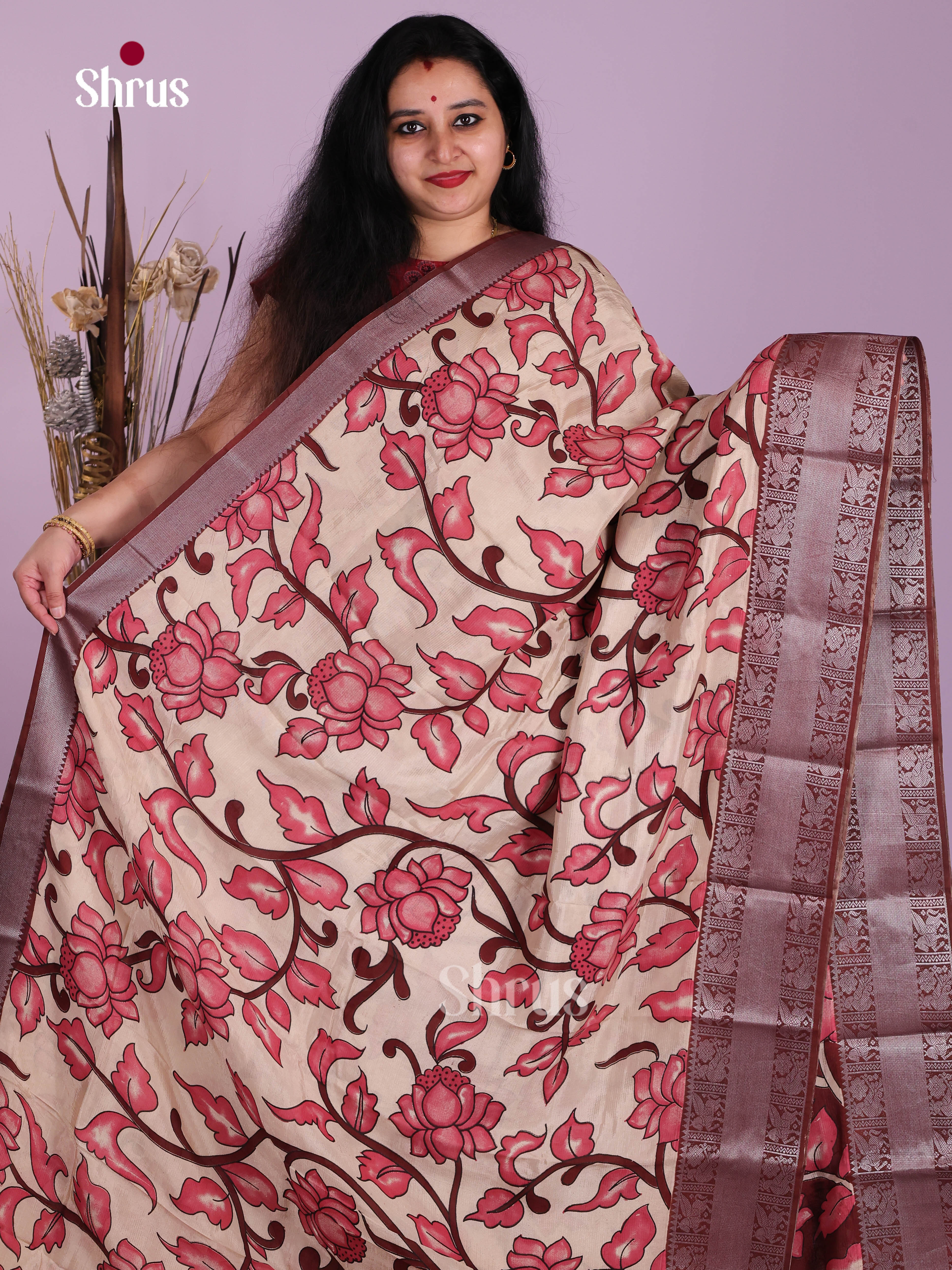 Cream & Maroon - Mangalagiri silkcotton Saree