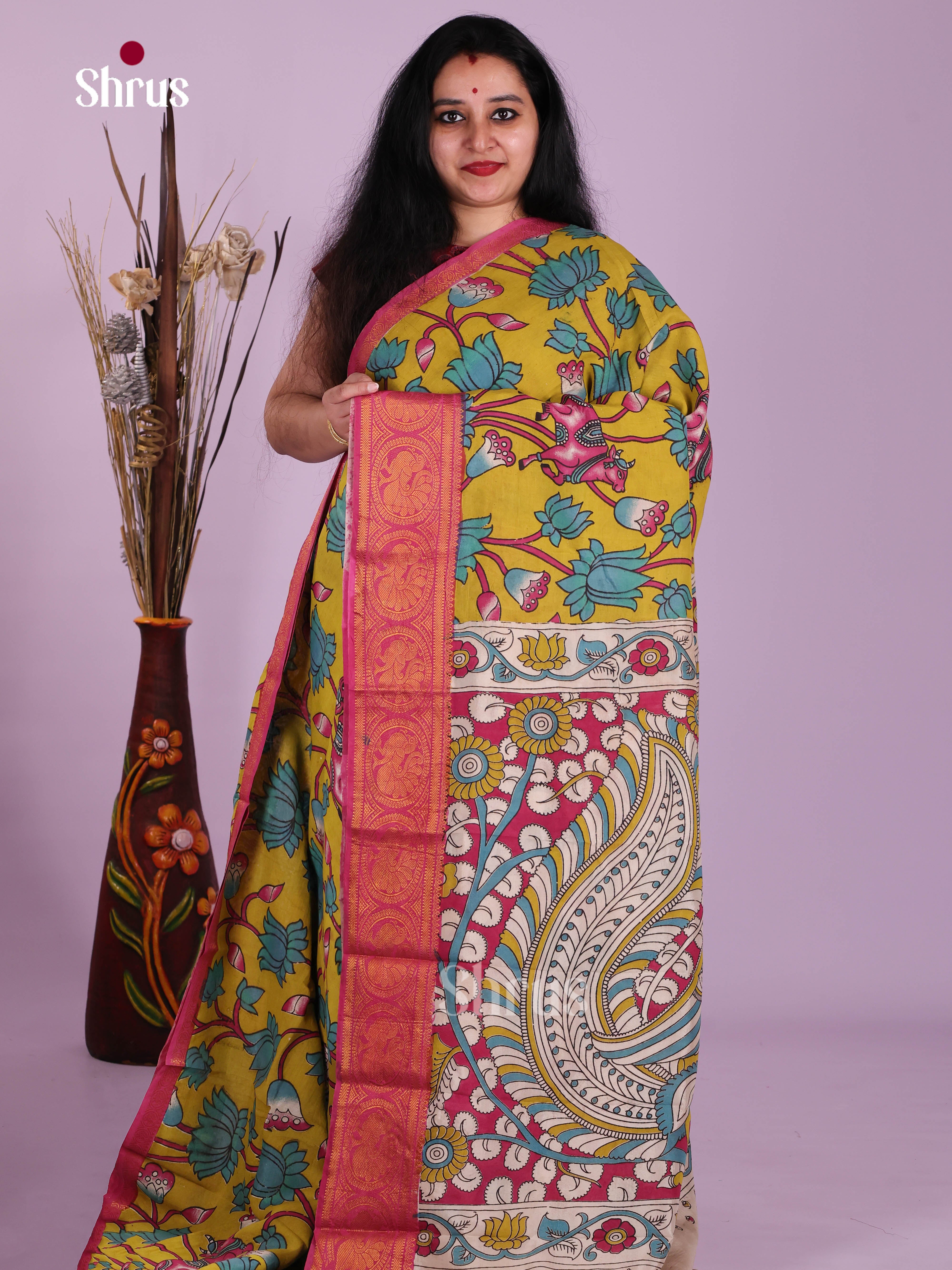 Yellow & Pink - Mangalagiri silkcotton Saree