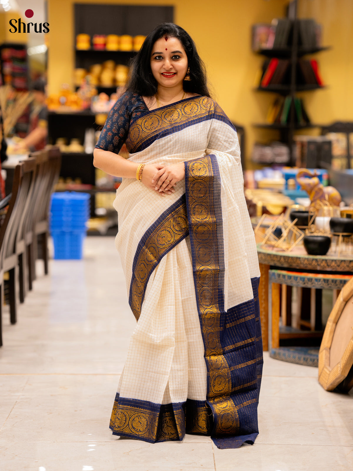 Cream & Blue - Sungudi Cotton Saree