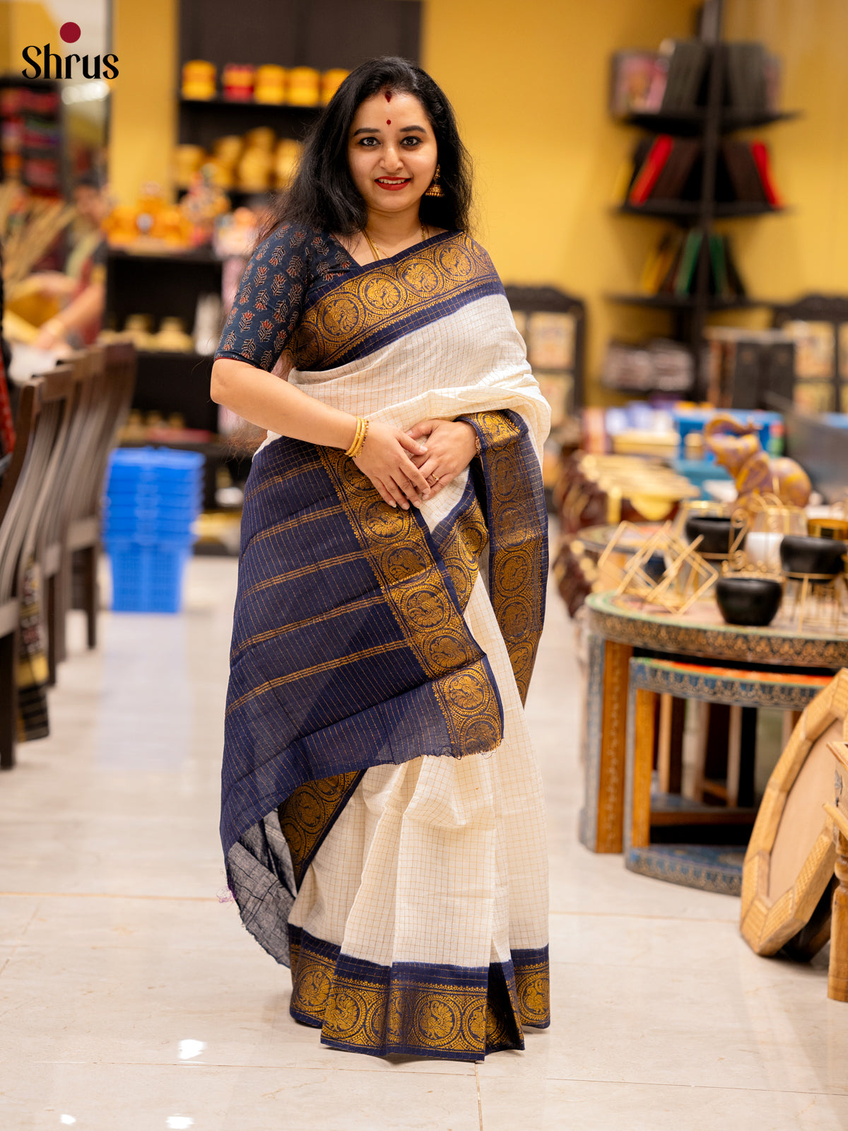 Cream & Blue - Sungudi Cotton Saree