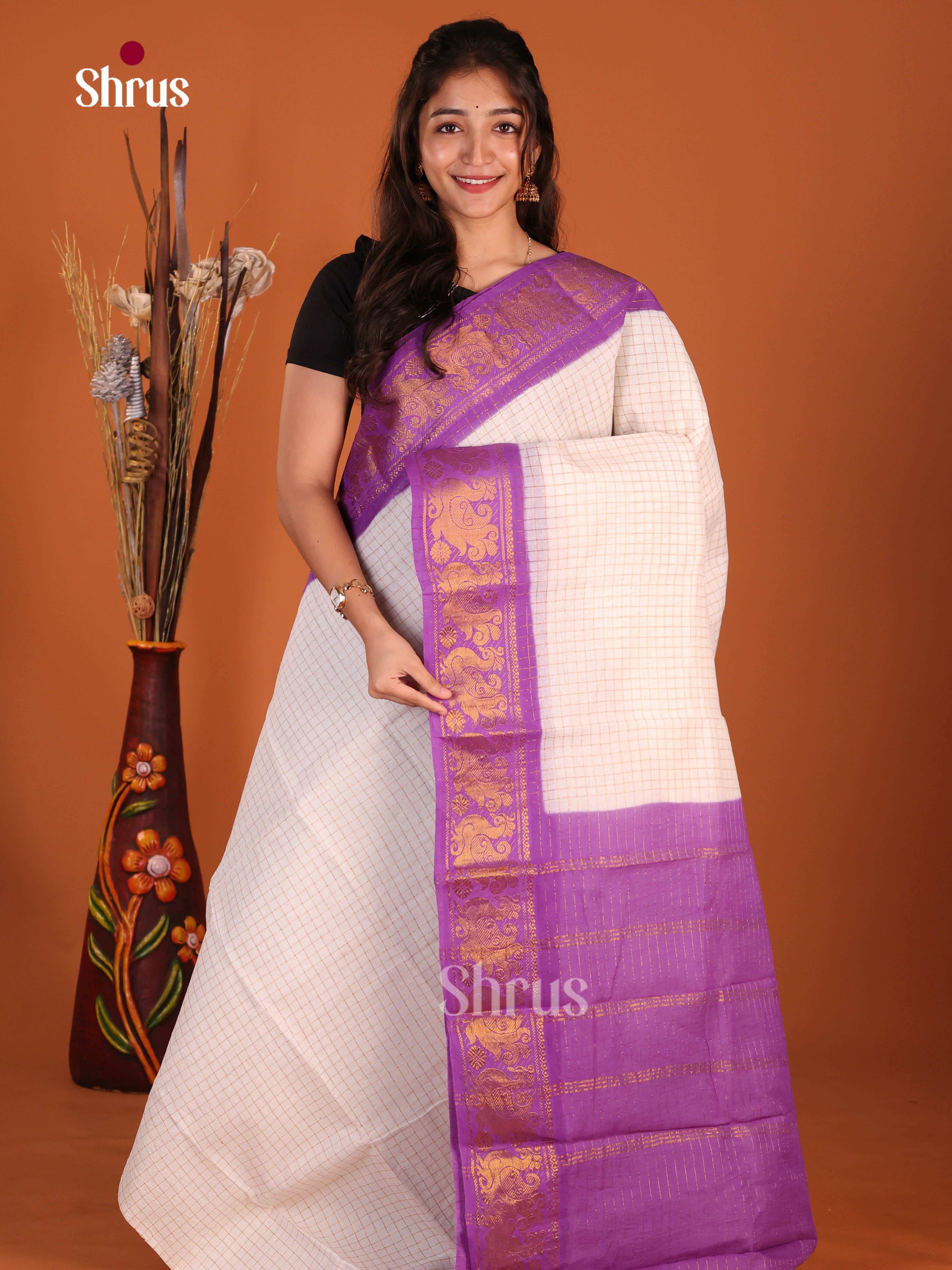 Cream & Purple - Sungudi Cotton Saree - Shop on Shrus.com