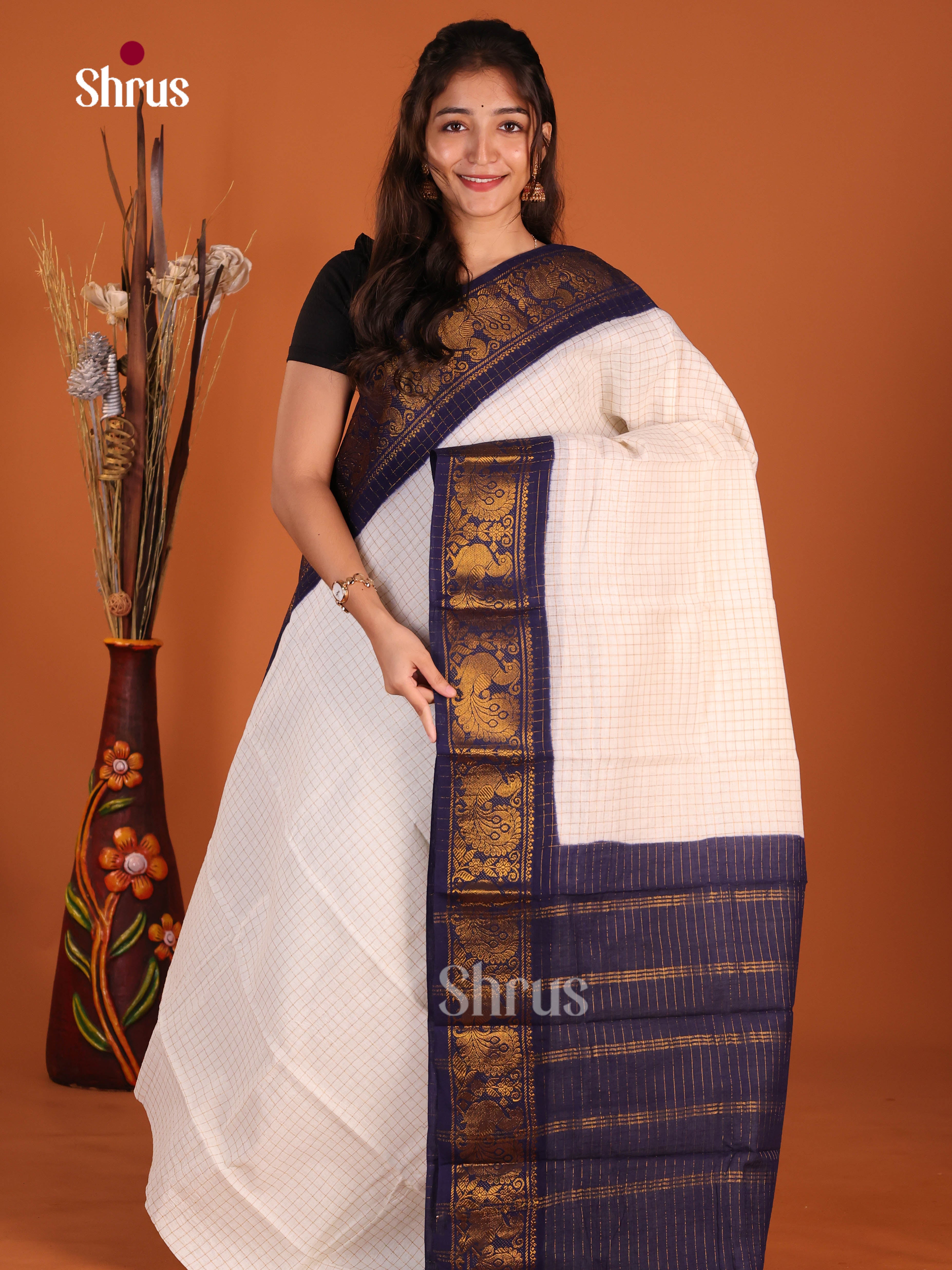 Cream & Blue- Sungudi Cotton Saree