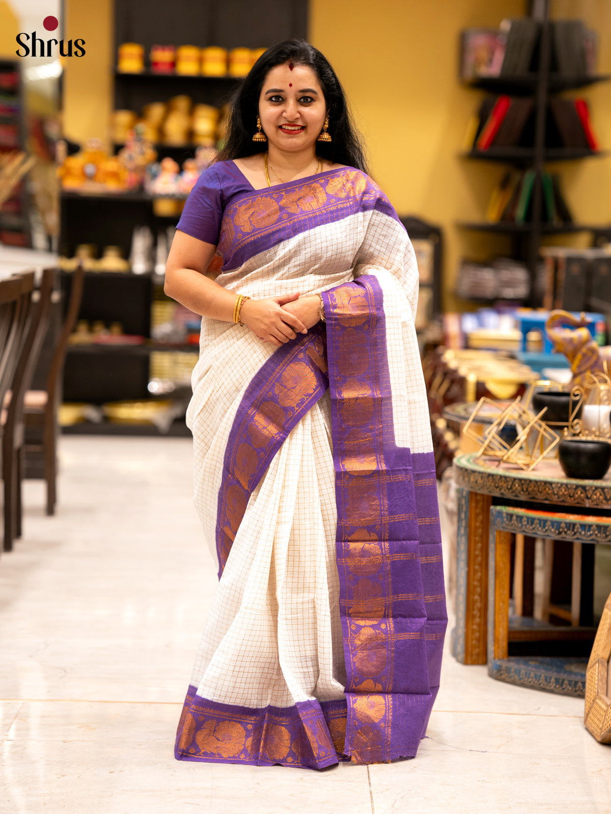 Cream & Purple - Sungudi Cotton Saree - Shop on Shrus.com