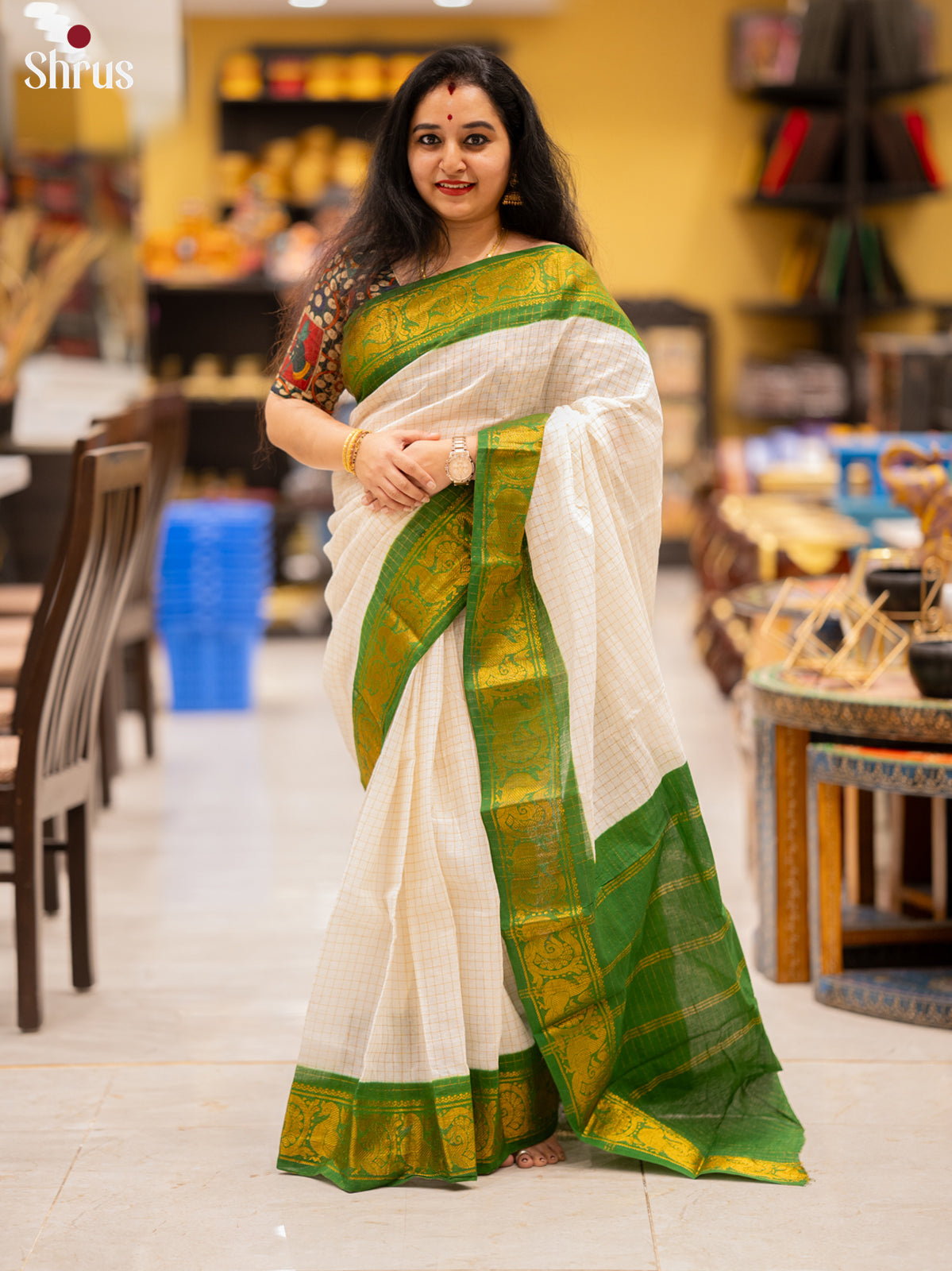 Cream & Green - Sungudi Cotton Saree