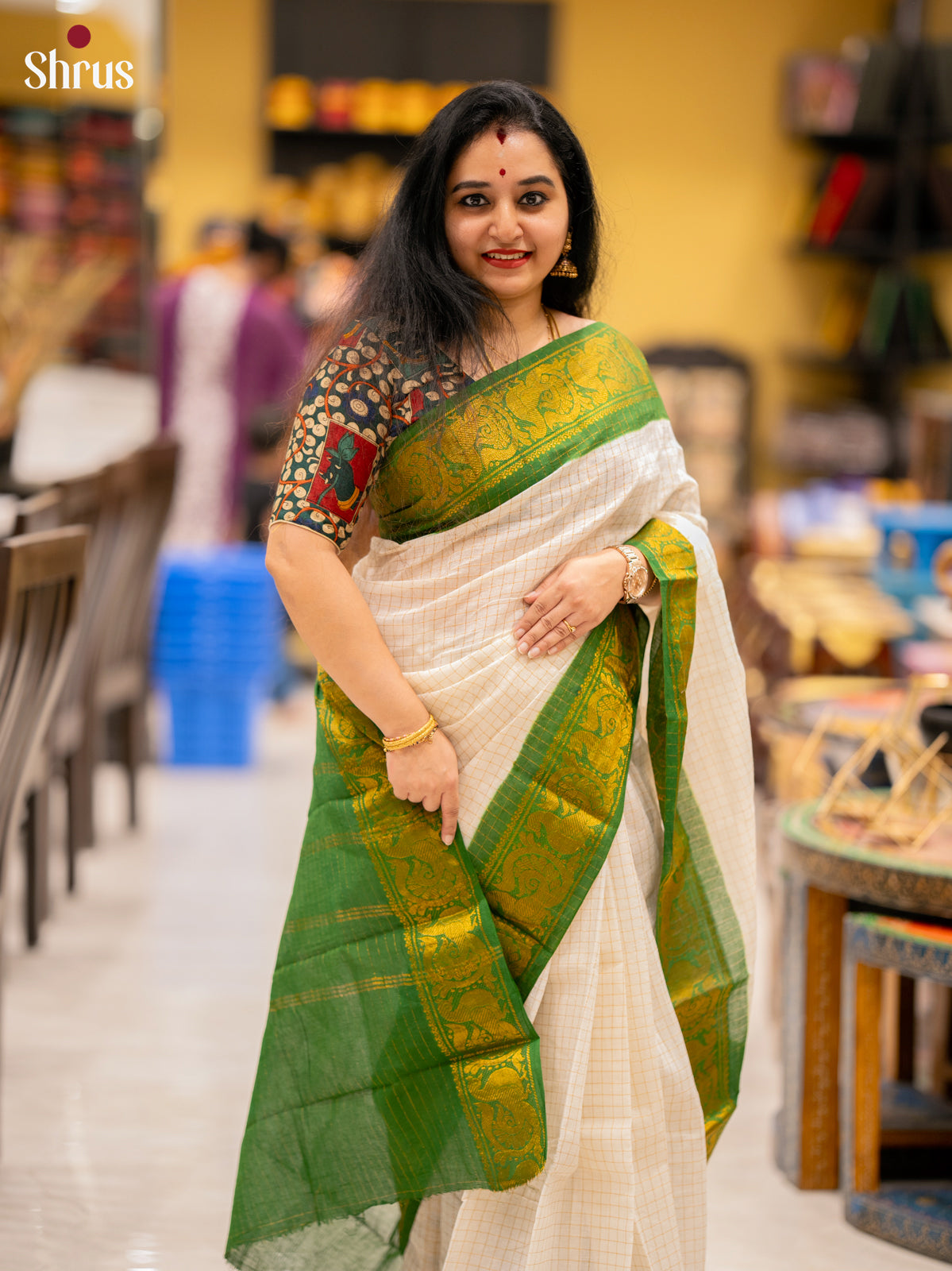 Cream & Green - Sungudi Cotton Saree