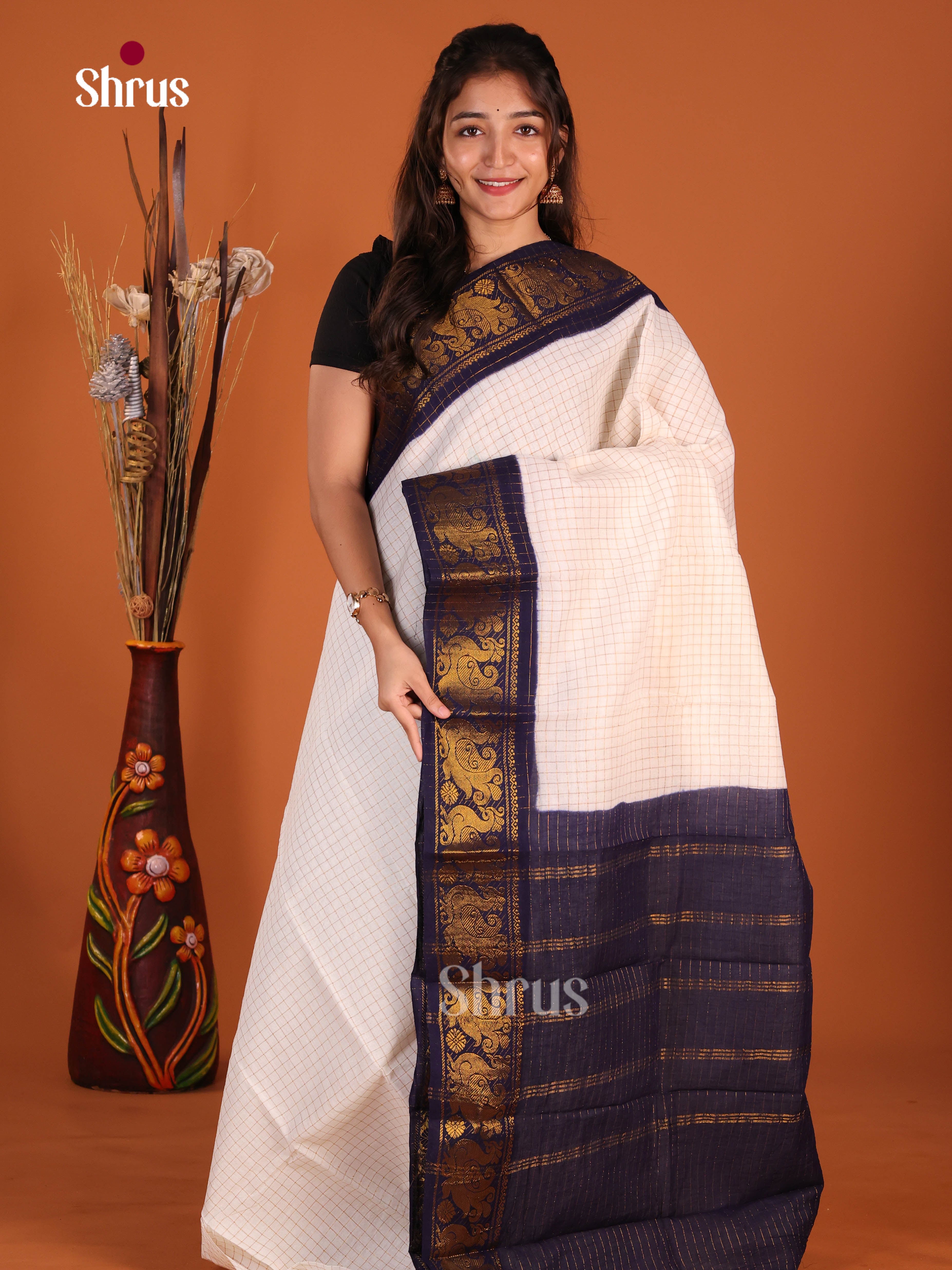 Cream & Blue - Sungudi Cotton Saree