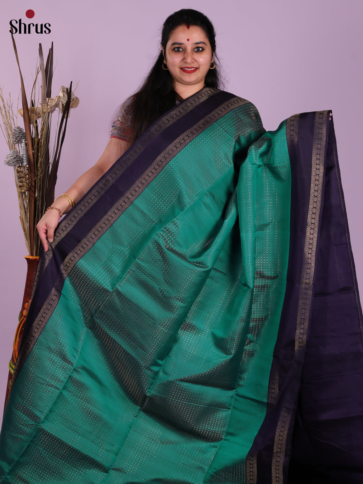 Serene Green & Blue Soft Silk Saree with zari checks , rettaipet border