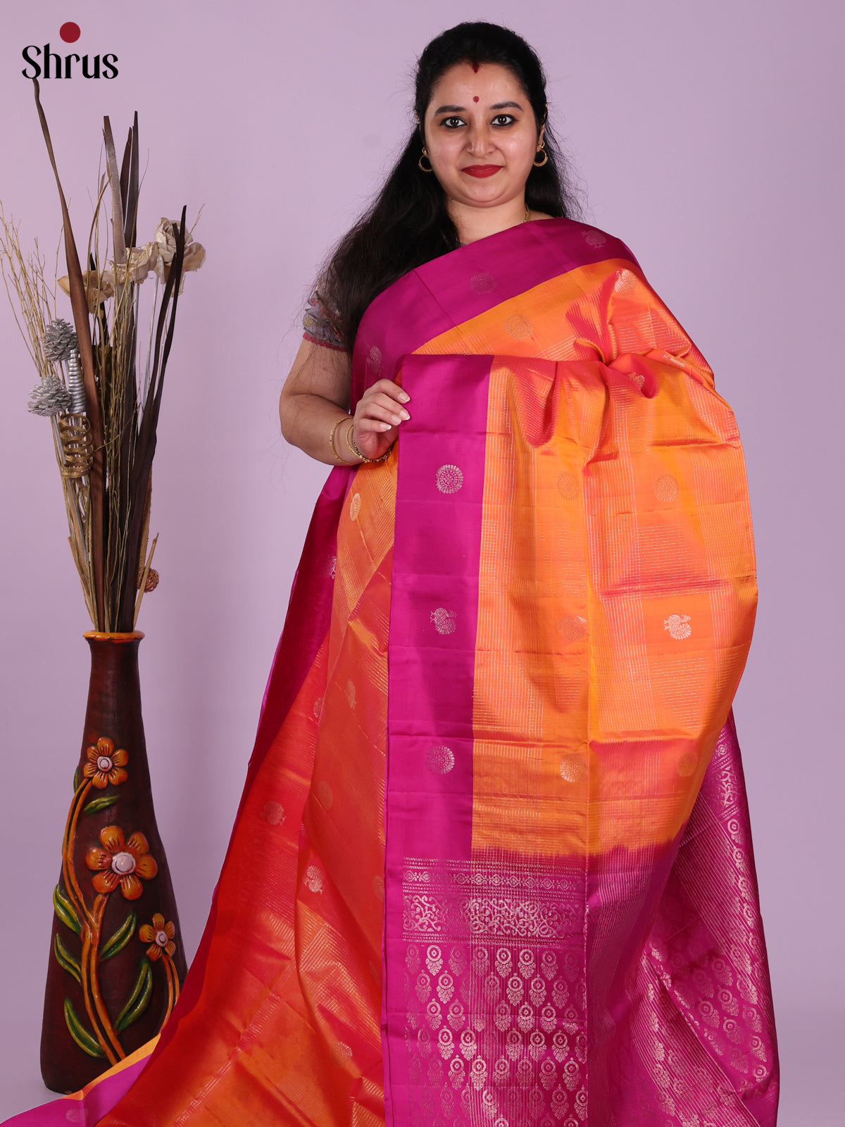 Mesmerizing Orange Soft Silk Saree With Gold Checks, Buttas & Pink Brocade Pallu