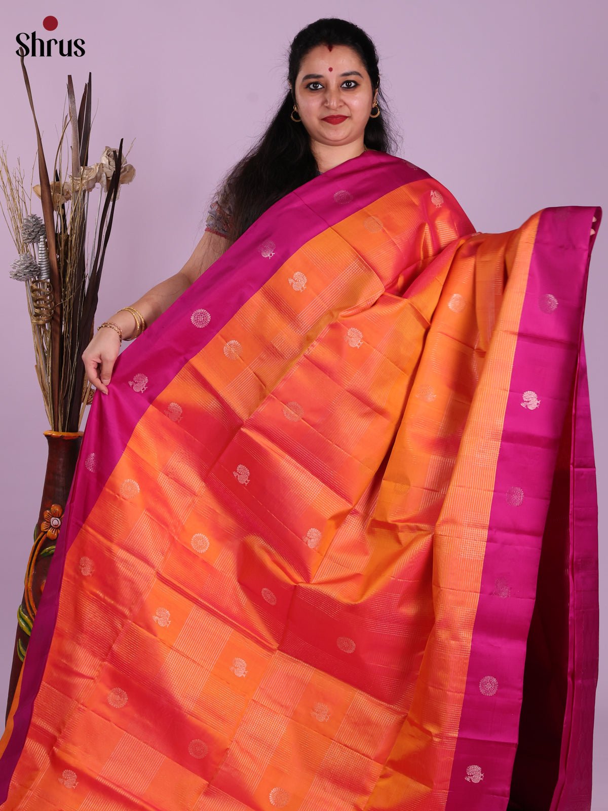 Mesmerizing Orange Soft Silk Saree With Gold Checks, Buttas & Pink Brocade Pallu