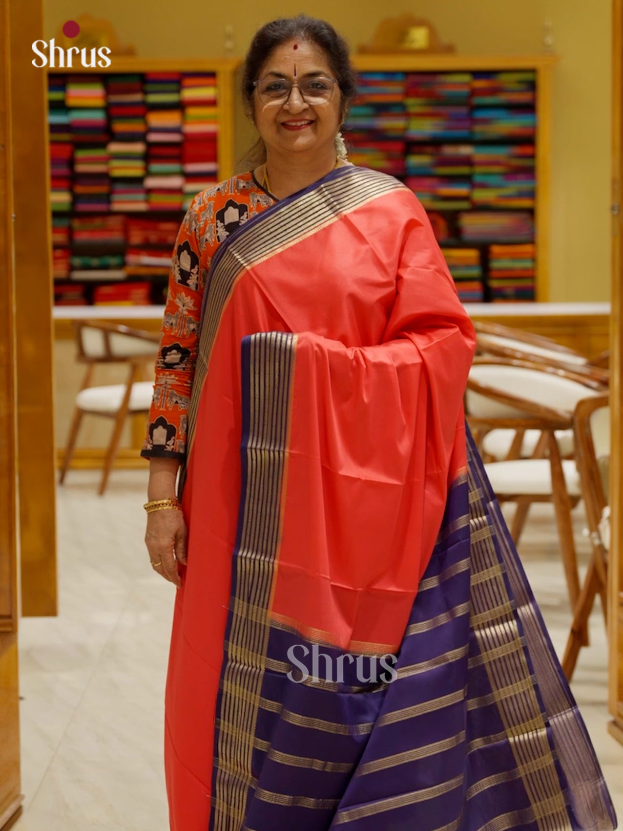 Orange with Navy Blue Semi Mysoresilk Saree - DJS23049 - Shop on Shrus.com