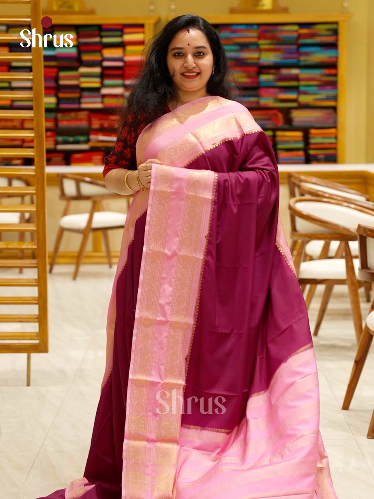 Maroon and Pink - DJS23094 - Semi Mysoresilk Saree - Shop on Shrus.com