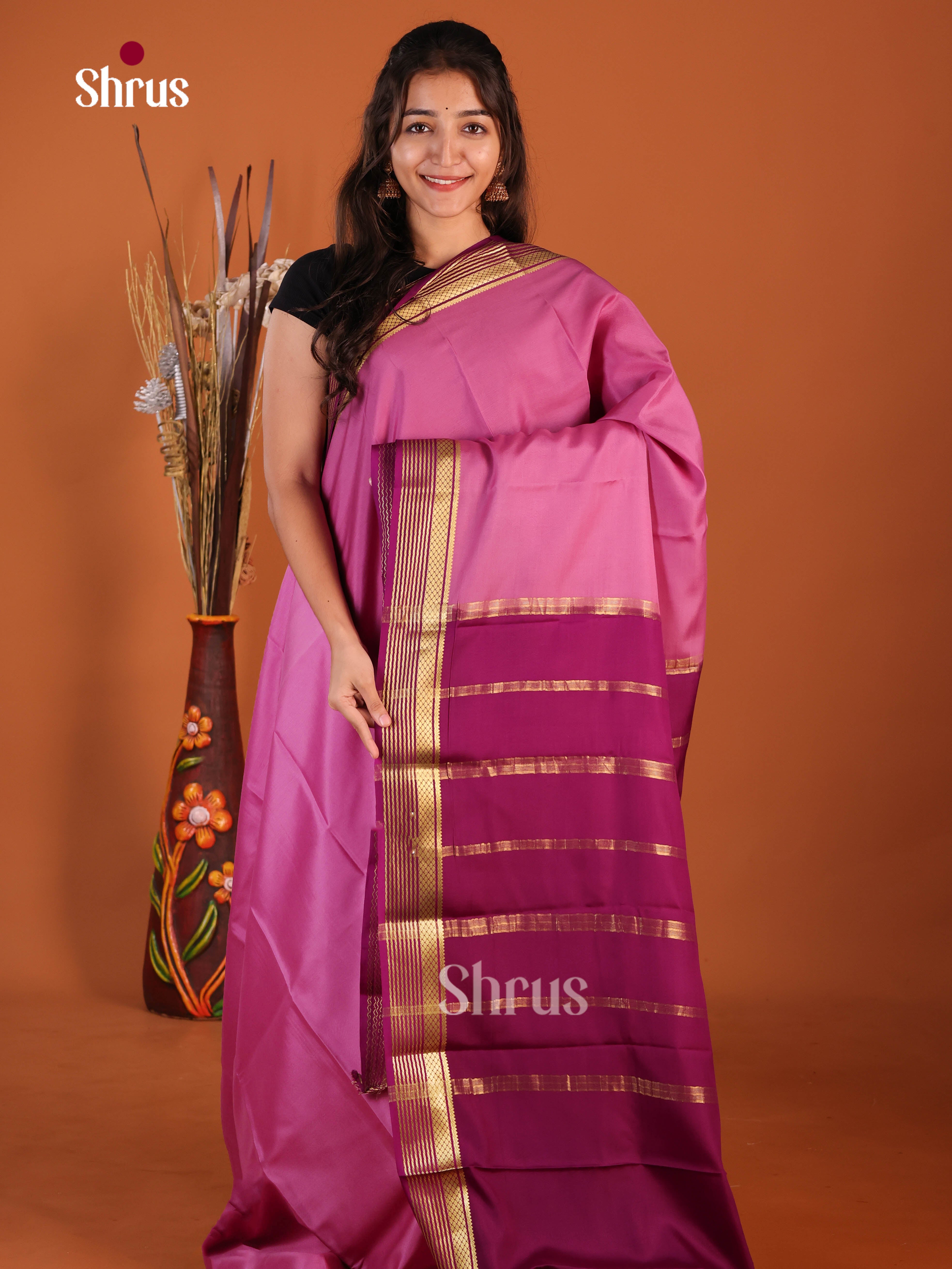 shiny peach maroon Mysore Silk Saree
