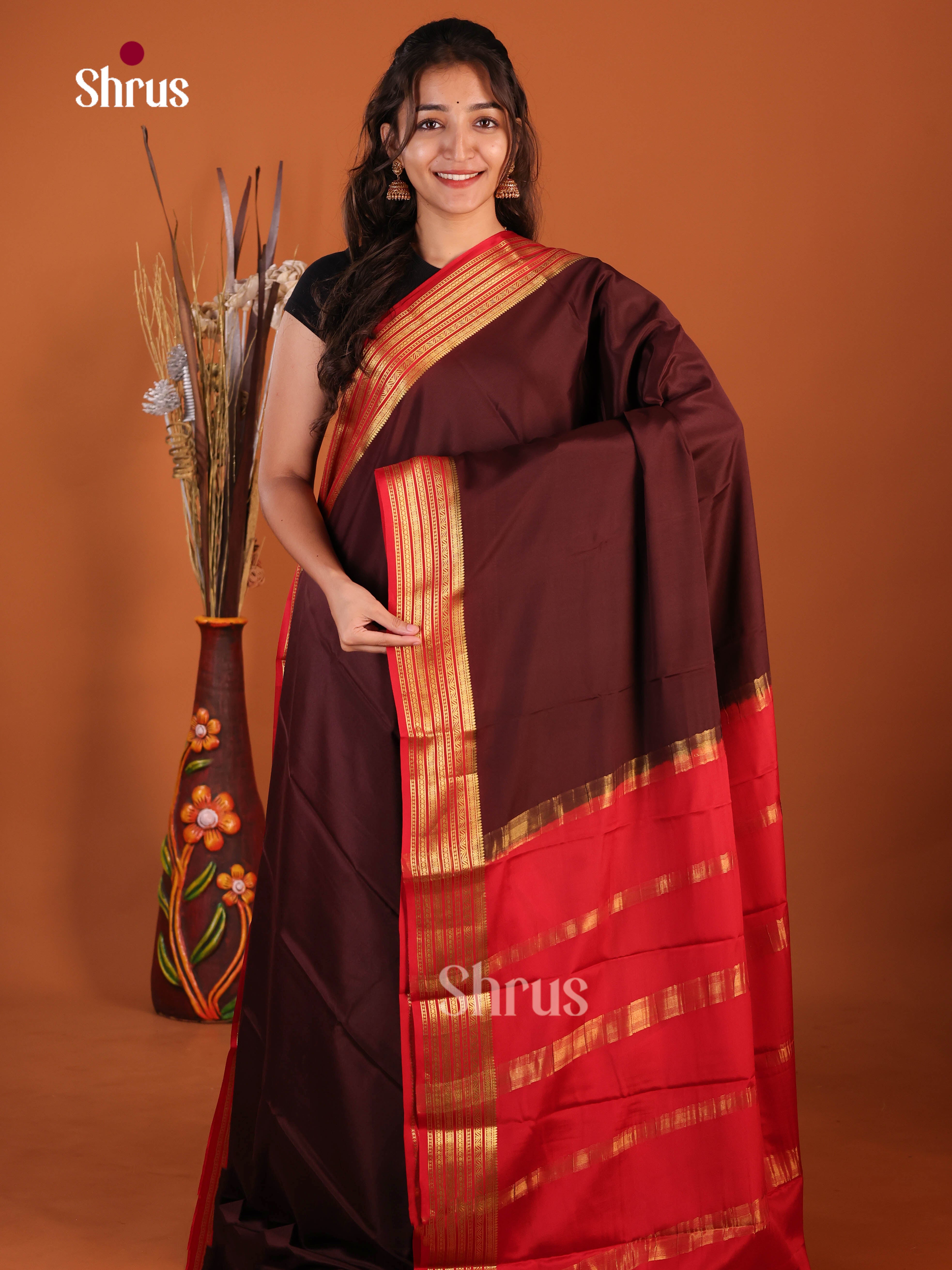 classic brown red Mysore Silk Saree