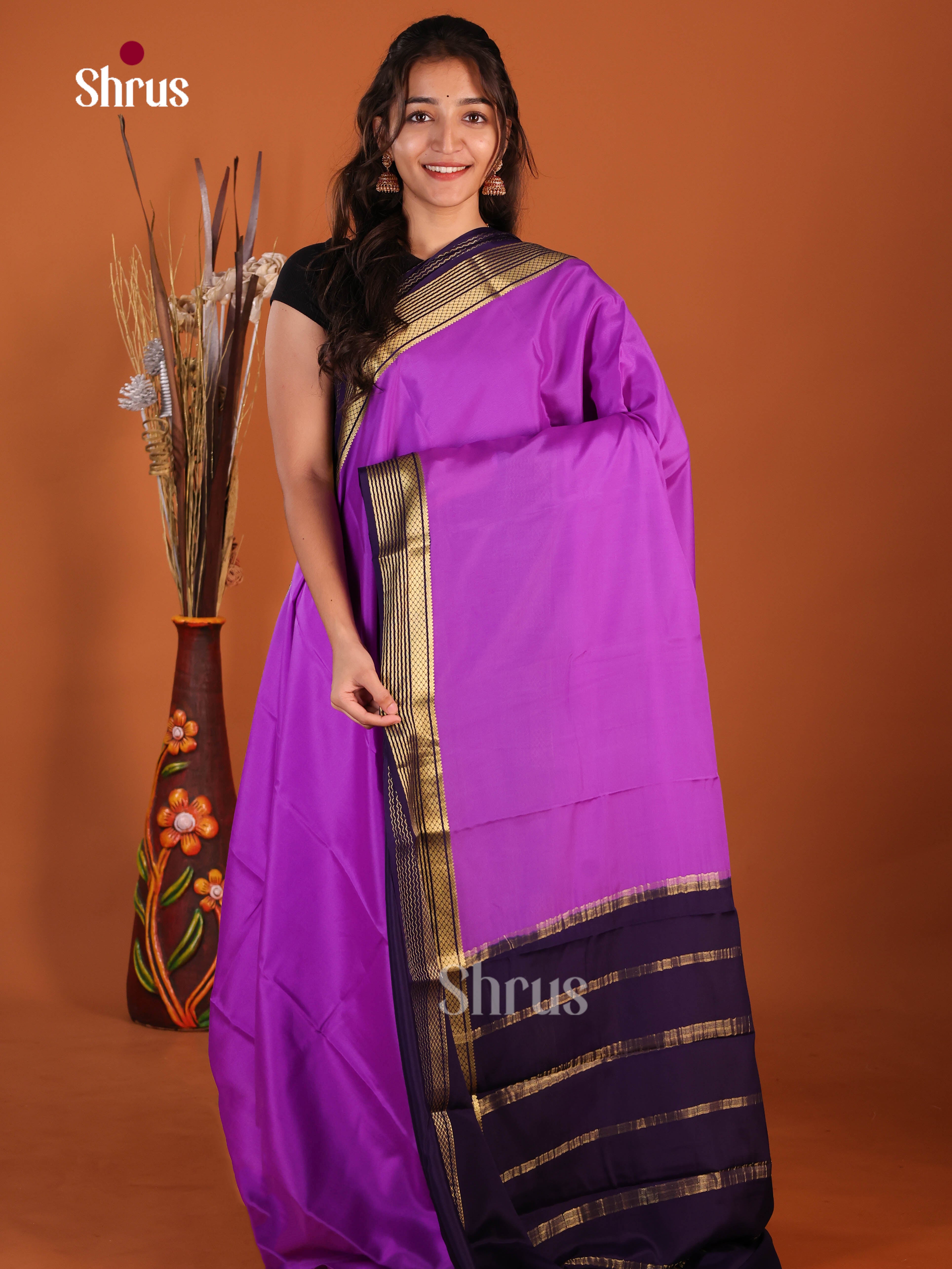 Majestic Purple & Blue Mysore Silk Saree with contrast zari border
