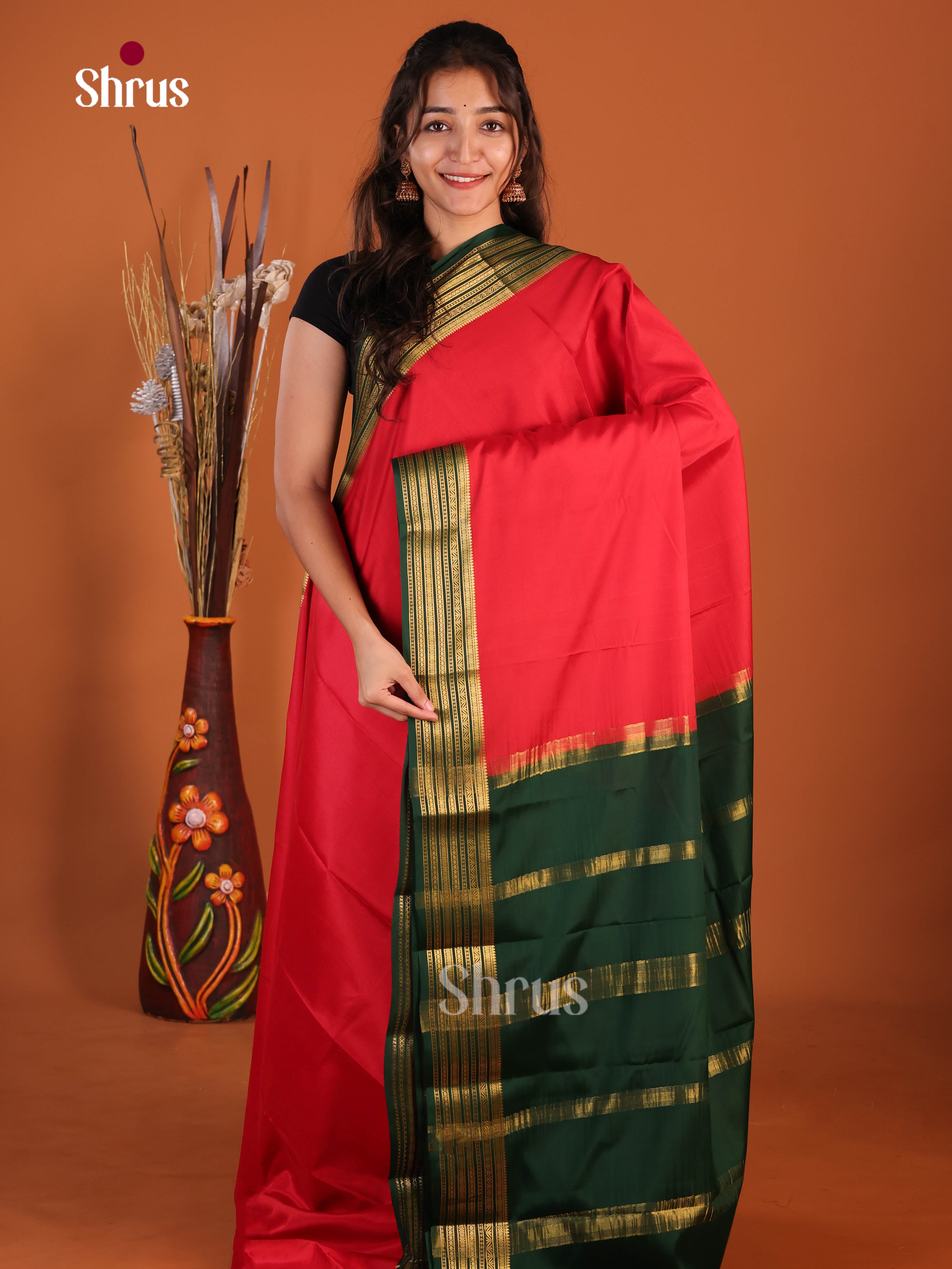 Exquisite Red & Green Mysore Silk Saree with contrast zari stripes border