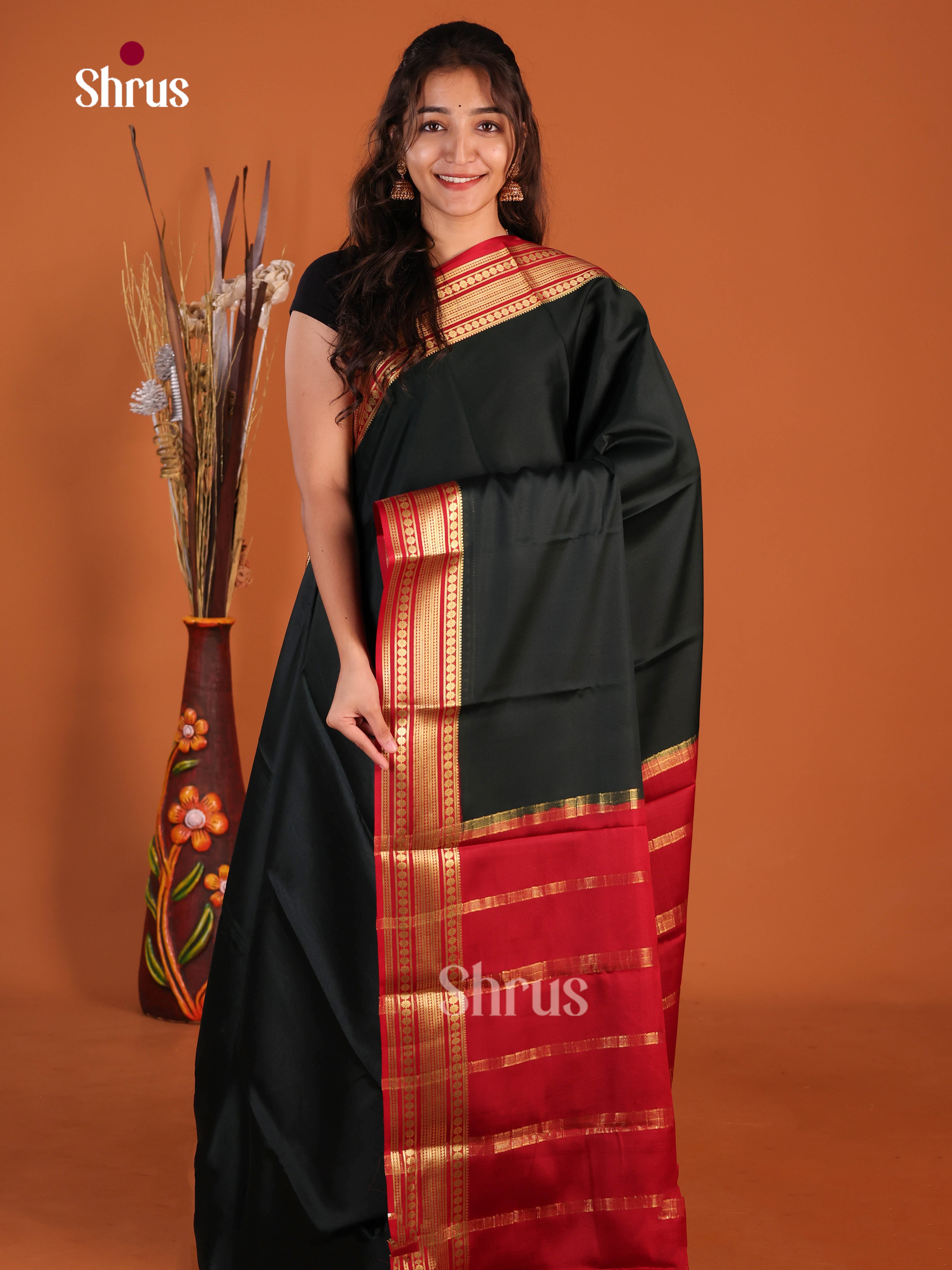 Beautiful Black & Red Mysore Silk Saree with contrast zari border