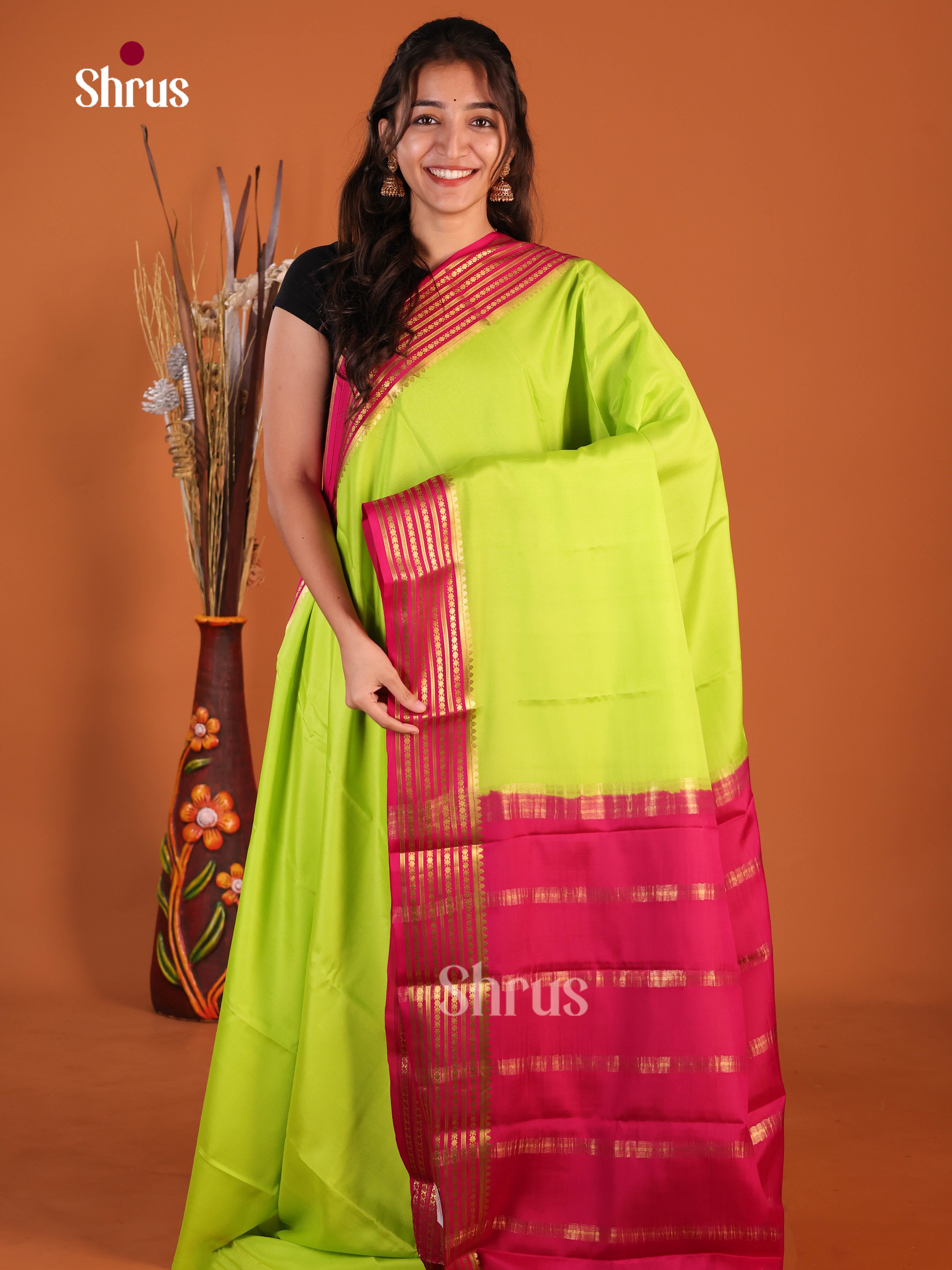 Stunning Light Green & Purple Mysore Silk Saree contrast zari border