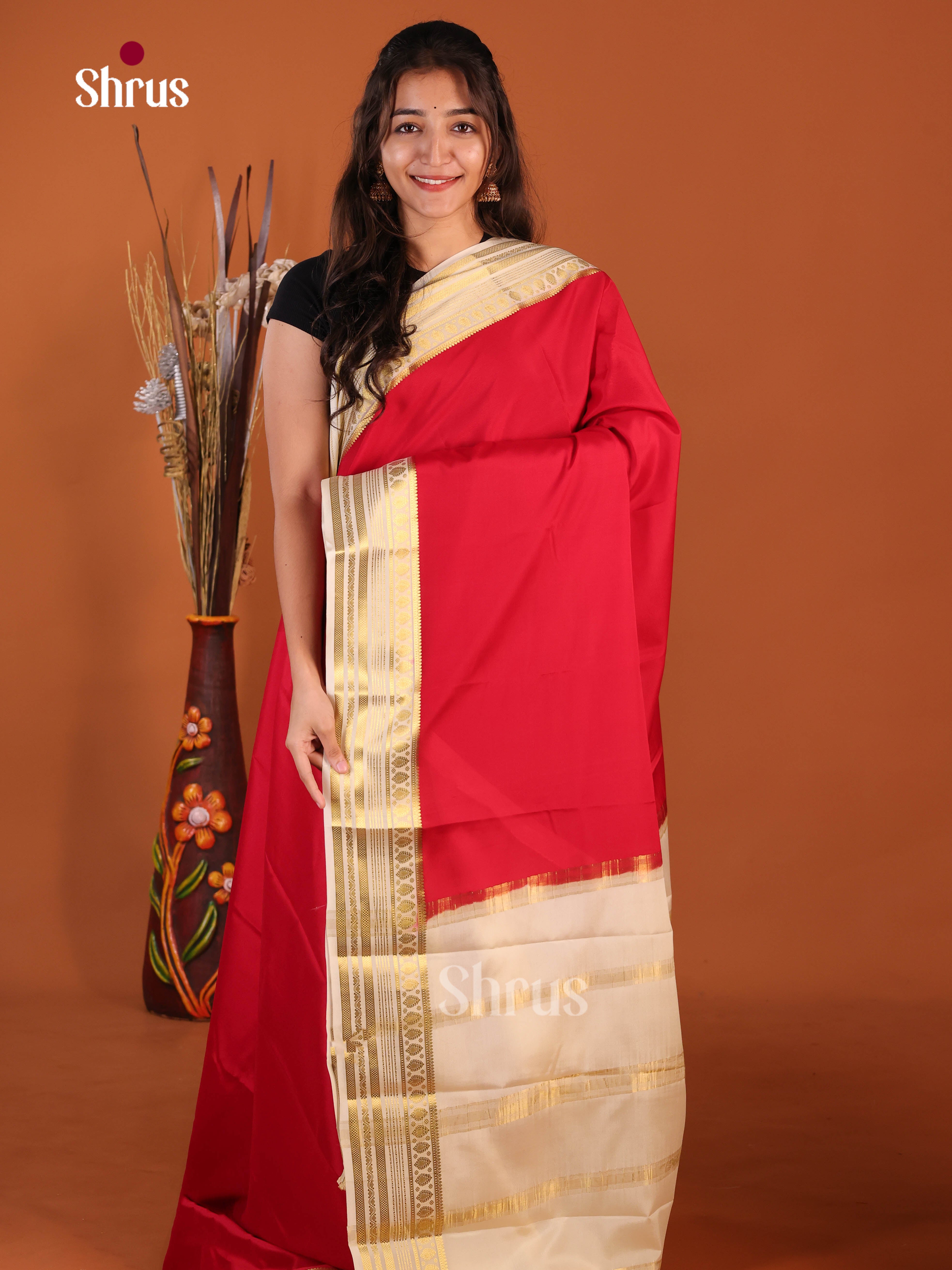 plain red white golden zari Mysore Silk Saree