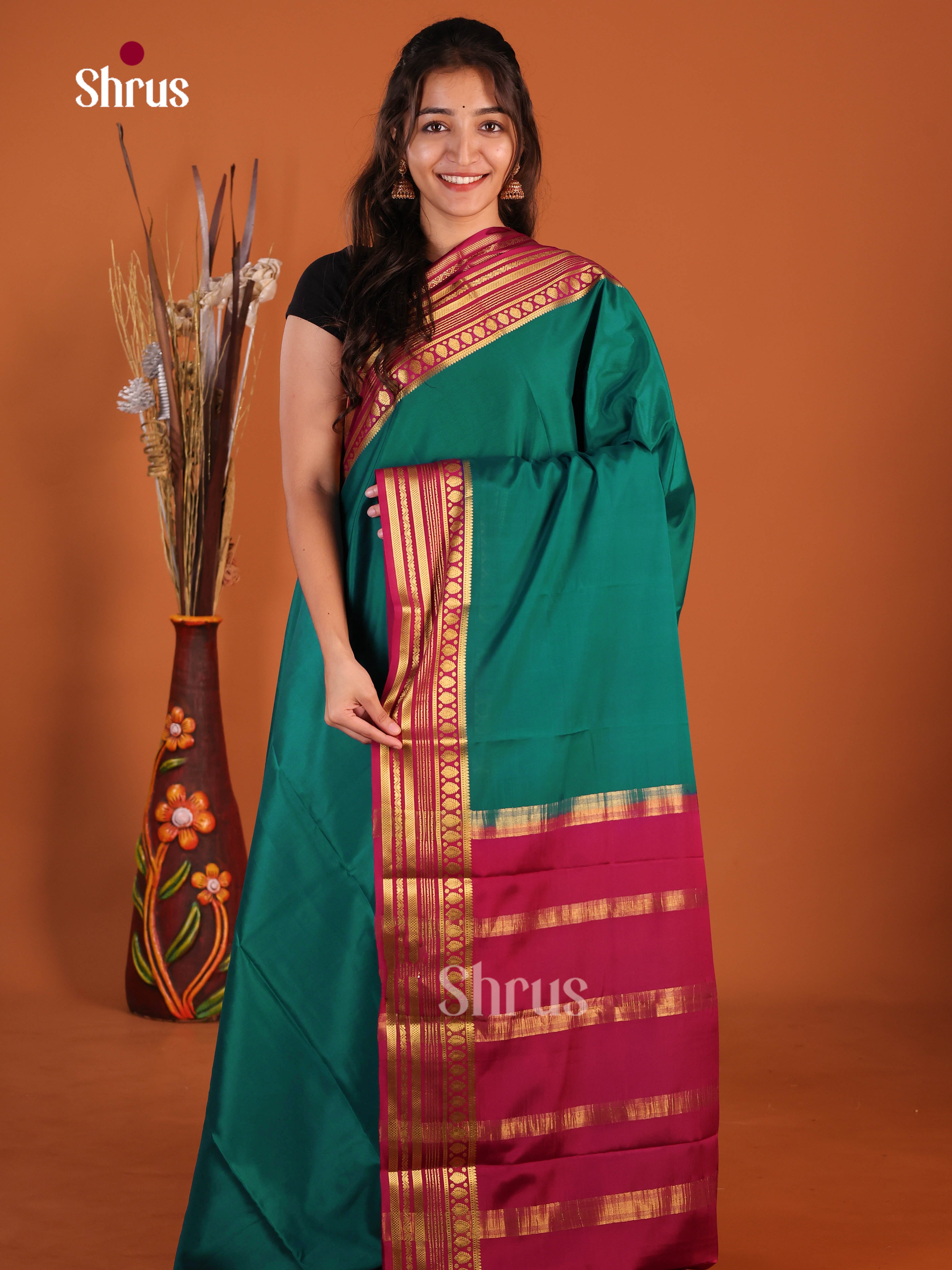 shiny green red Mysore Silk Saree