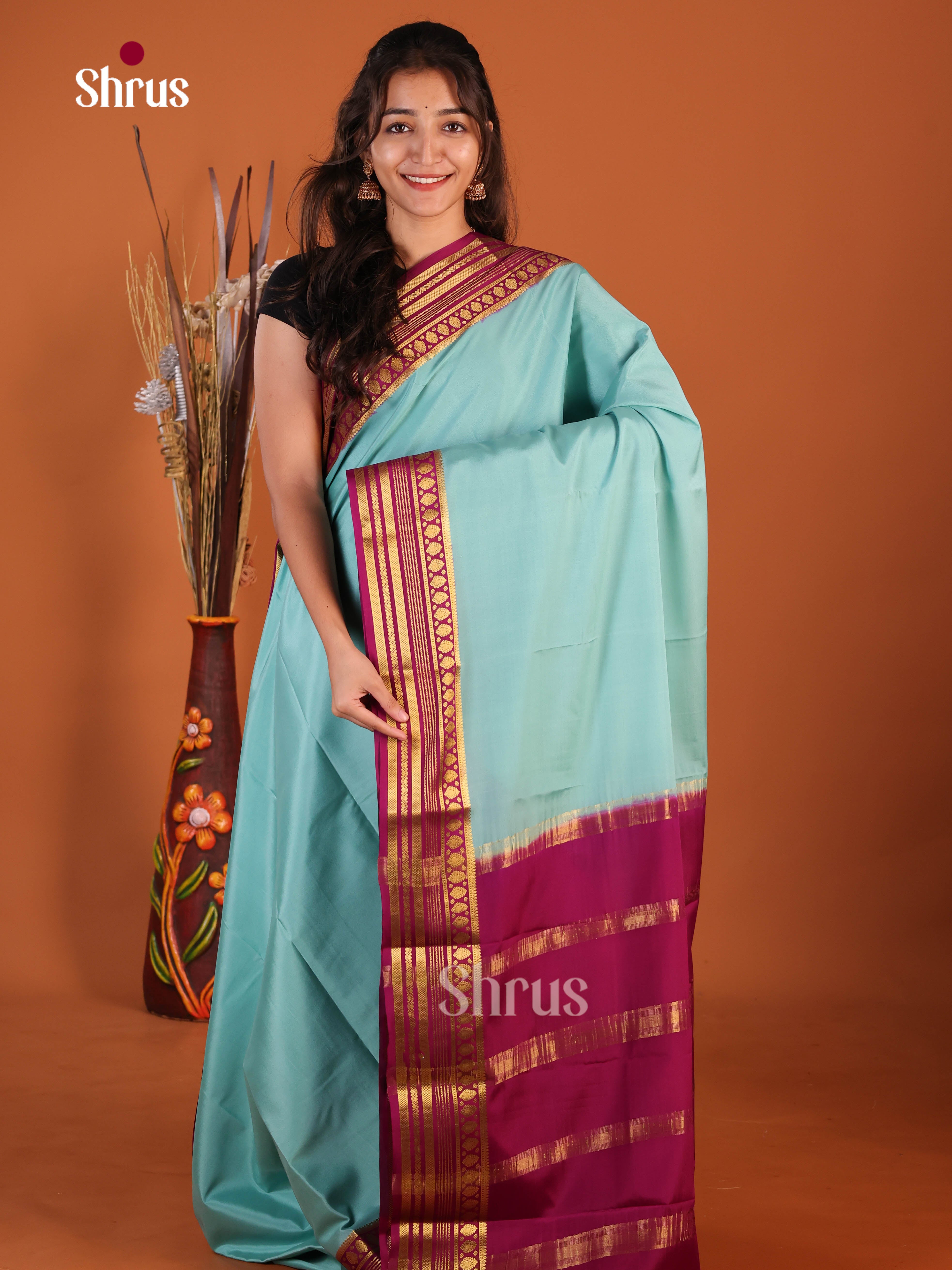sky blue majenta Mysore Silk Saree