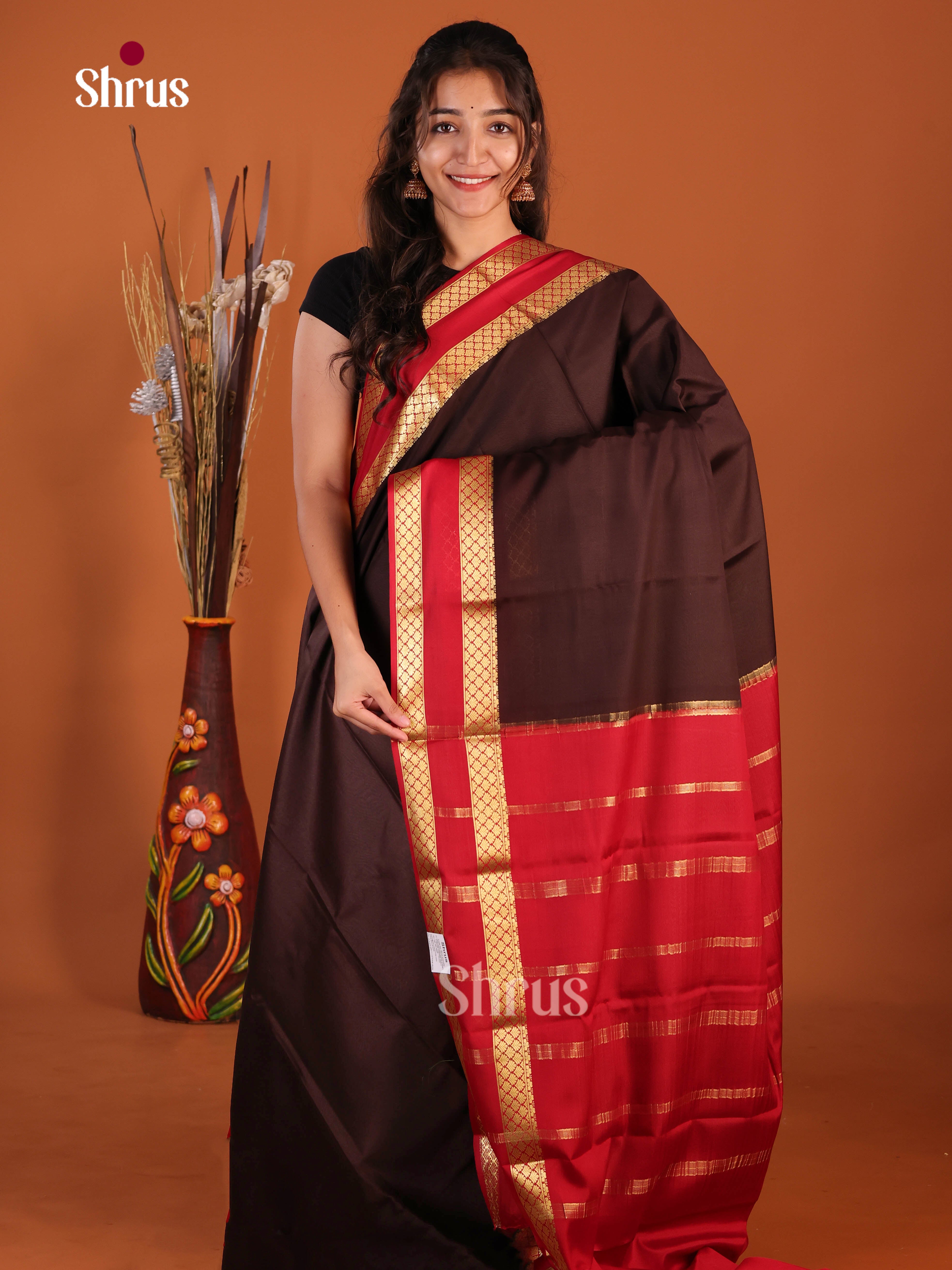 brown red golden zari Mysore Silk Saree